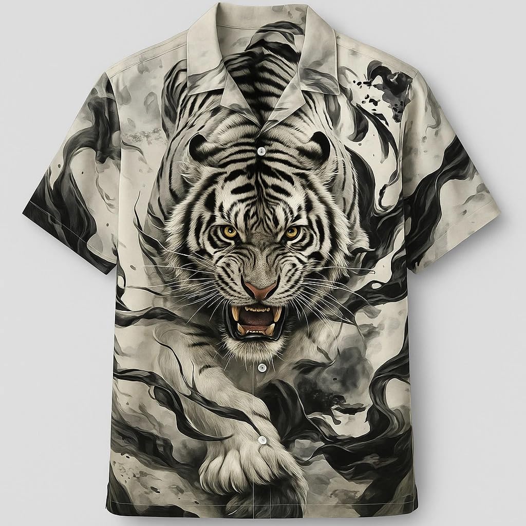 ngiva Fierce White Tiger Hawaiian Shirt, Men's Button Down Short Sleeve, Black and White Art Print, Summer Beach Casual Wear-picture-10