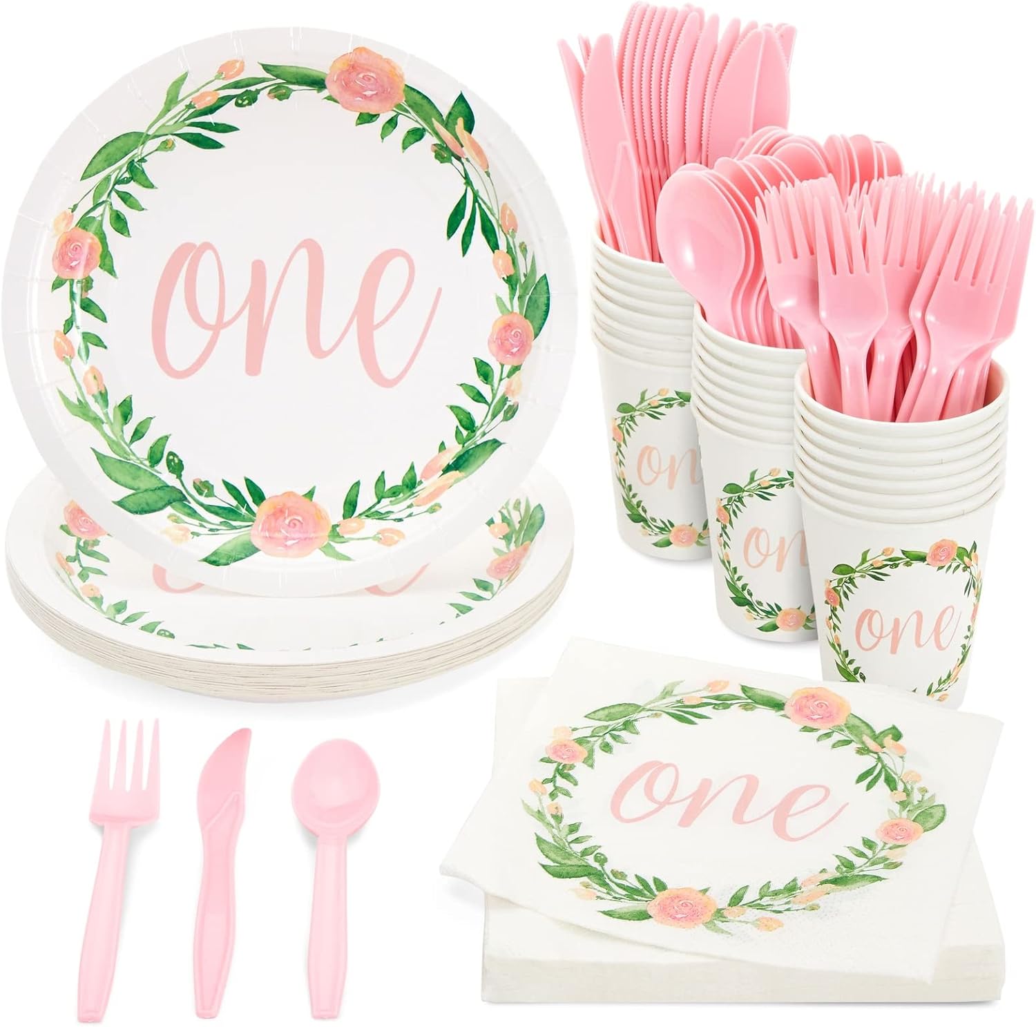 Baby Girl 1st Birthday Decorations, Floral One Year Old Party Plates, Napkins, Cups, Pink Cutlery (144 Pieces, Serves 24)