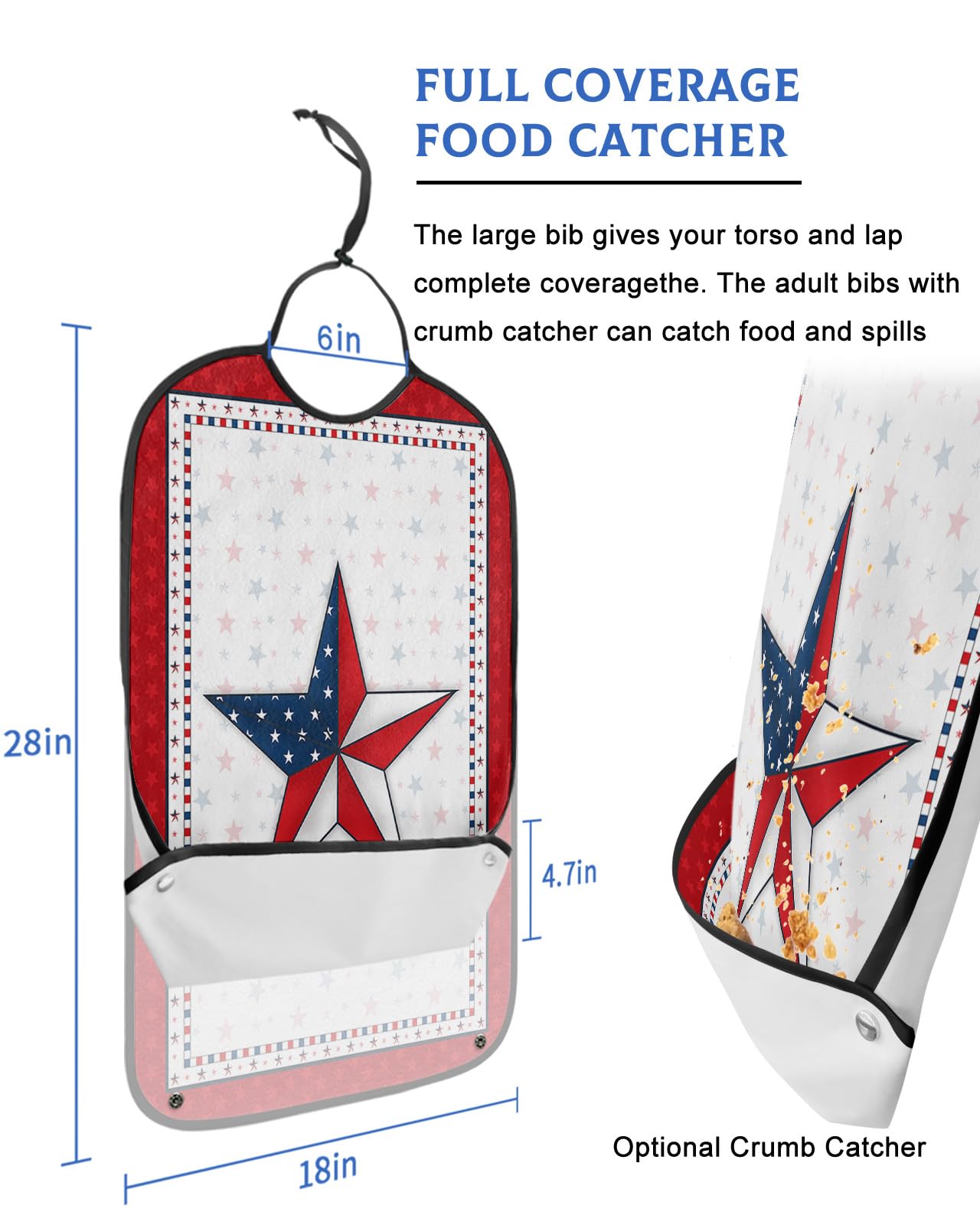LEOKOTI 4th of July Adult Bibs for Eating, Waterproof Bibs with Food Catcher & Adjustable Snap Closure, Independence Day Red Board Star Washable Clothing Protectors Adult Bibs for Elderly Women/Men