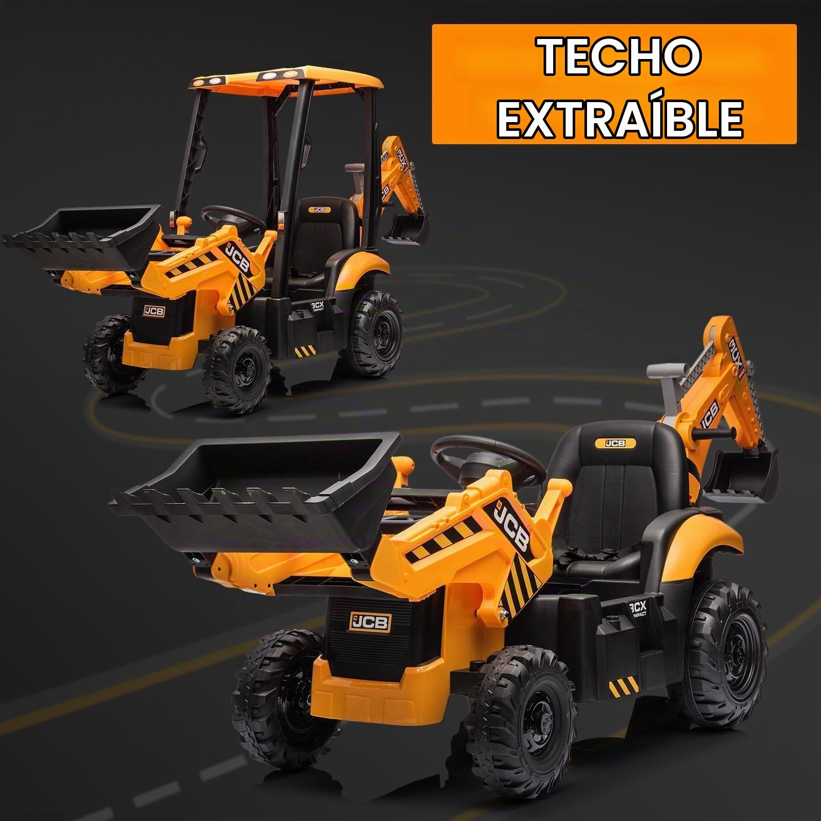 4 en 1 Excavadora para Niños 12V (Amarillo) | Vehículo Eléctrico Infantil con Control Remoto, Pala/Cargador Frontal, Brazo Excavador, Bocina y Asiento Ajustable