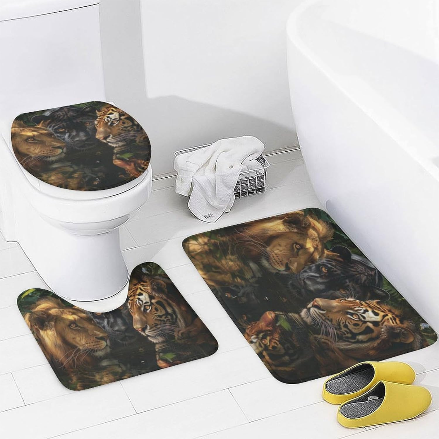 4Pcs Forest Tiger Lion Shower Curtain, Powerful Wildlife Jungle Animal Shower Curtain Sets with Toilet Lid Cover, U-Shaped Mat and Non-Slip Rugs, Bathroom Decor Set, 72" x 72"