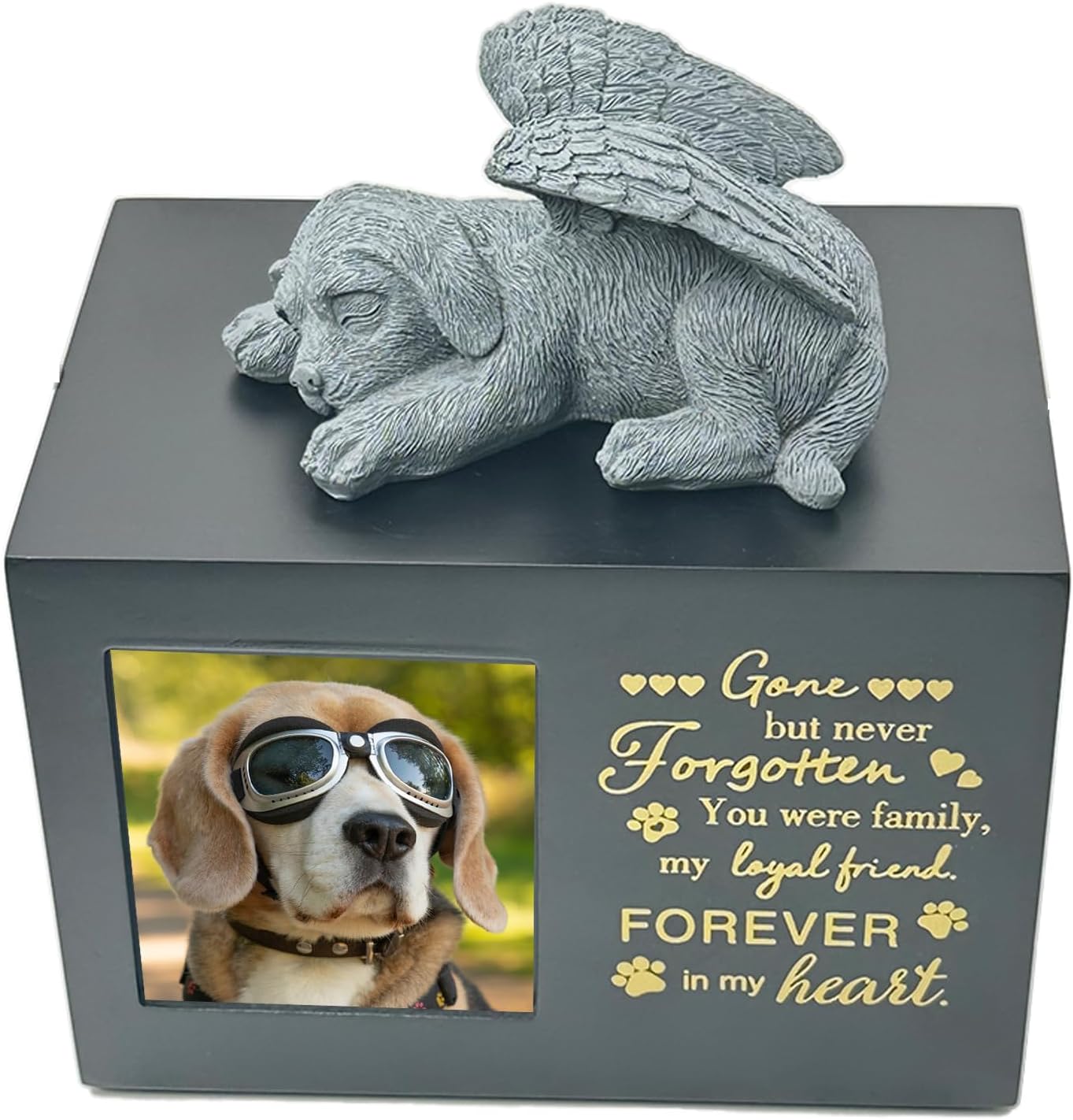 Large Wooden Pet Urn for Ashes，Pet Memorial Dog urns for Ashes with Elegant Angel Dog Statue，Keepsake Memory Box with Photo Frame,Loss Pet Memorial Remembrance Gift