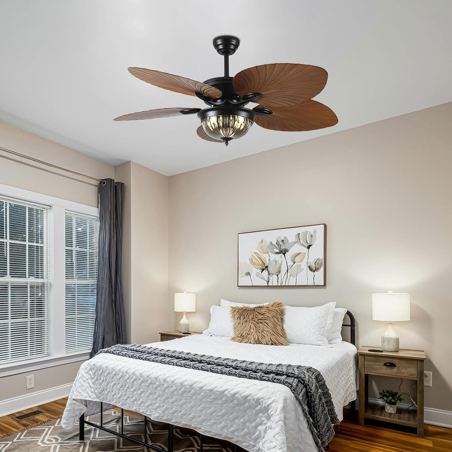 Vintage Quiet Ceiling Fan 52in Black Ceiling Fan Light Remote Ceiling Fans with Lights 5 Brown Fan Blades, 6 Speed Reversible Ceiling Fan for Bedroom Living Room Farmhouse