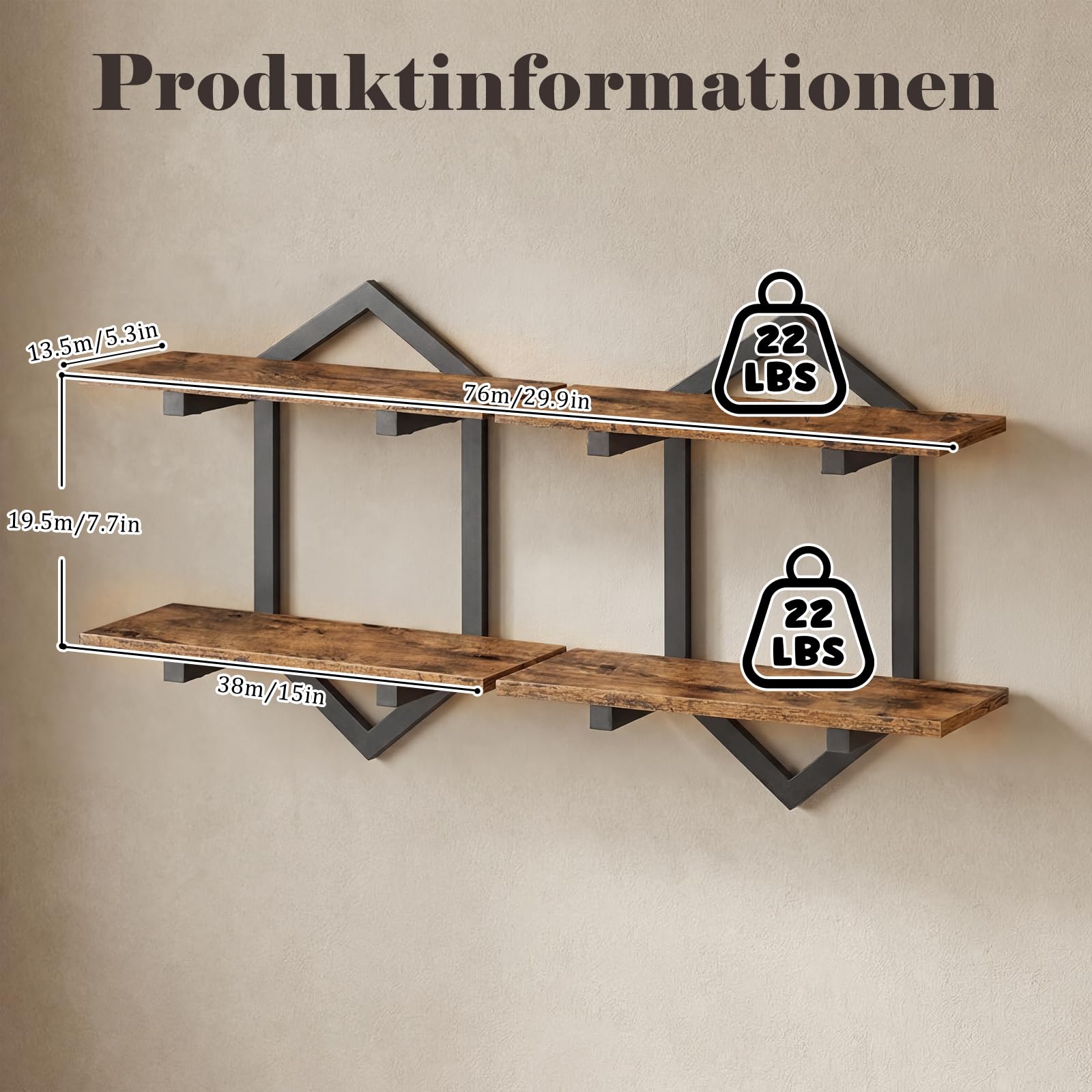 2er-Set Wandregal aus Holz und Metall, Schweberegal im Rauten-Design, Deko Regal für Wände, Vintage Hängeregal für Wohnzimmer, Schlafzimmer, Küche & Büro