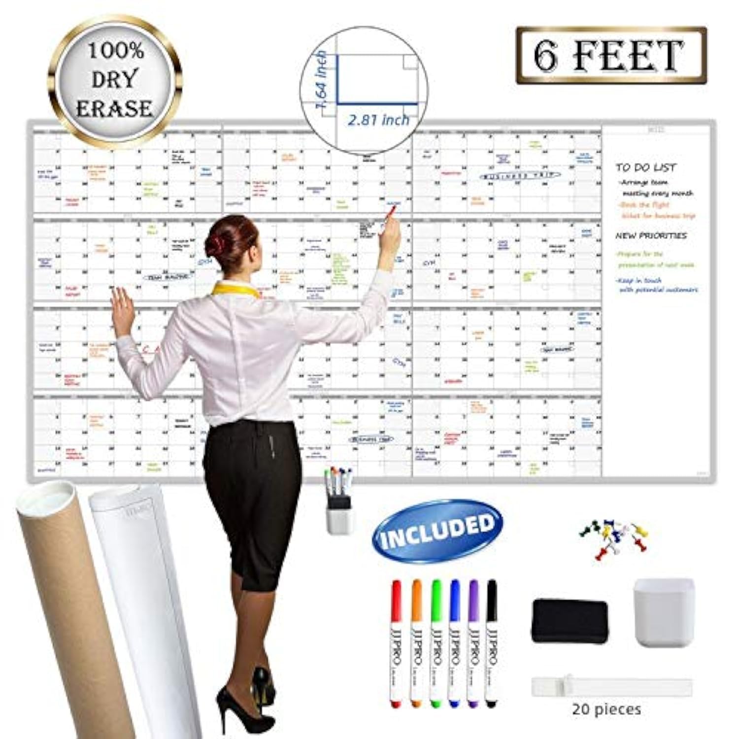 Large Reusable Dry Erase Yearly Wall Calendar - Jumbo Premium Laminated 12 Month Task Organizer - 38"x72" Undated Annual Planner for Home, Office, School Projects