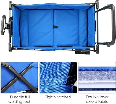 Collapsible Utility Wagon,Heavy Duty Folding Portable Push and Pull Hand Cart with Removable Canopy,for Shopping,Picnic,Beach,Camping(Blue)