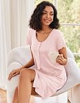 Ekouaer Nightgowns for Women 2 Pack Button Down Night Shirts Short Sleeve Sleep Shirts V Neck Sleepwear Pajama Dress