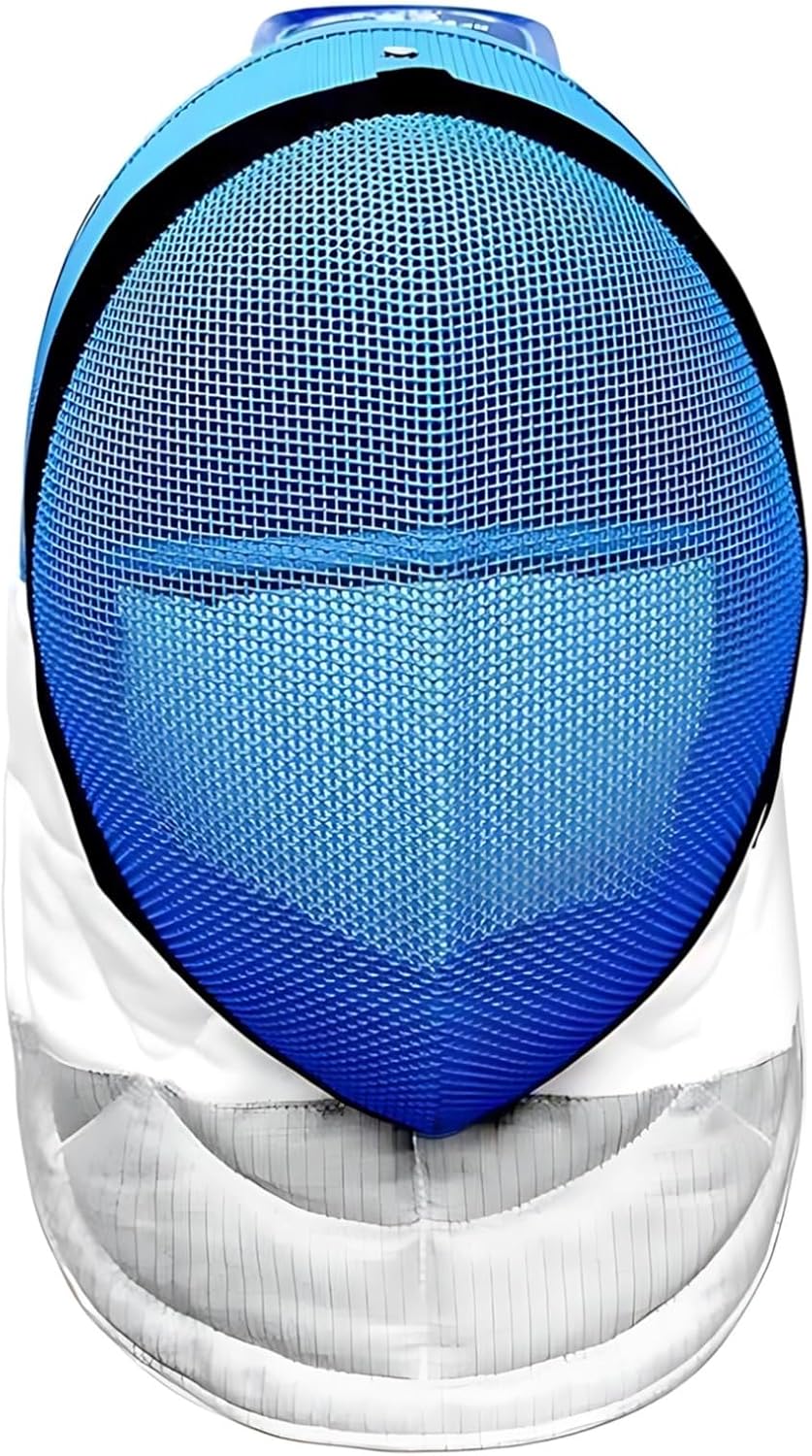 350N Carbon Steel Epee Fencing Mask, Blue Mesh, Fits Adults and Kids, Adjustable, Breathable, Extended Chin and Neck Guard, Nylon Back Strap