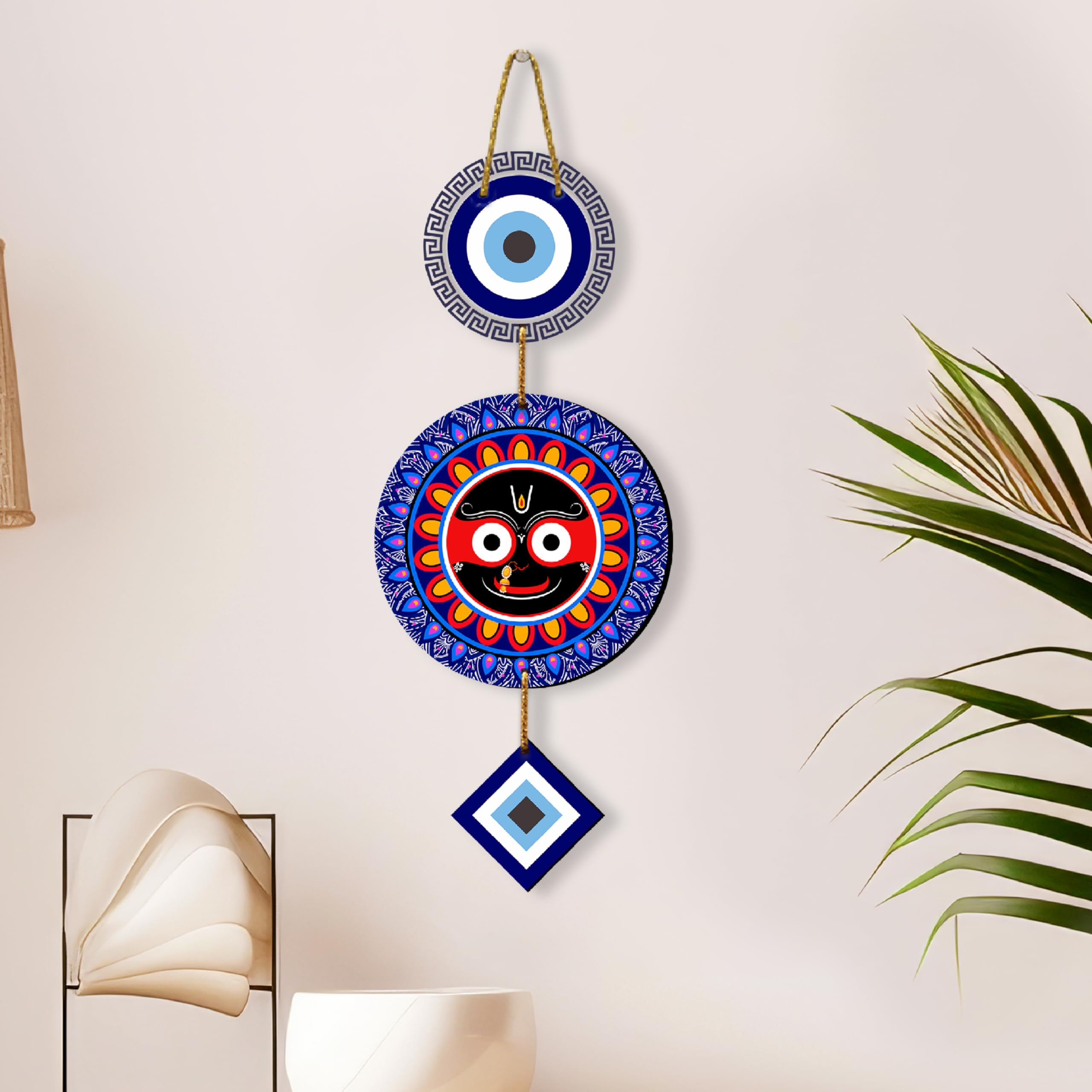 Rousrie Evil Eye Wooden Wall Hanging, Handmade Home Decor, Vastu Good Luck and Protection Symbol, 18 x 6.5 Inch (Evil Eye Jagannath Ji)-image-34