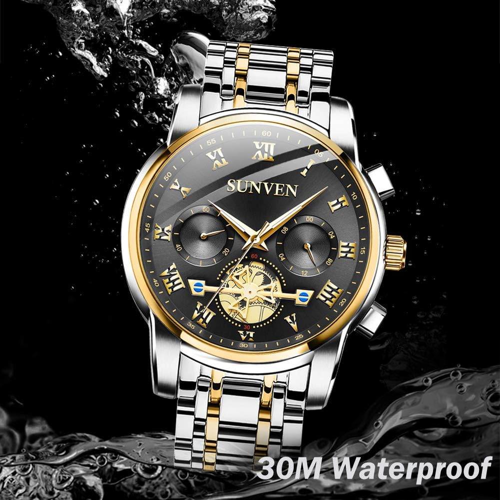 Orologi da uomo SUNVEN Quarzo impermeabile - Orologio da polso Nero  Quadrante multifunzione in acciaio inossidabile con zaffiro in oro Lancette  luminose : Amazon.it: Orologi