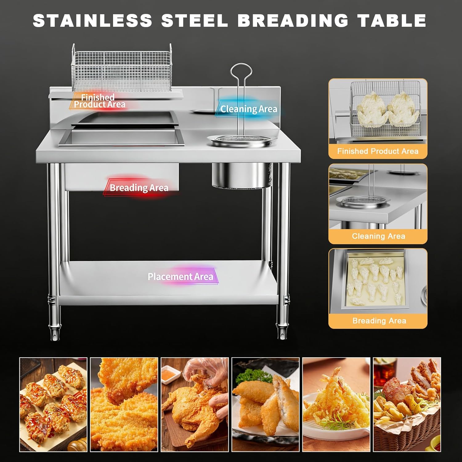Stainless Steel Breading Table Fried Chicken Breading Prep Station with Removable Basins & Baskets Commercial Fried Food Prep Table with Bottom Shelf Breading Worktable for Restaurant Kitchen