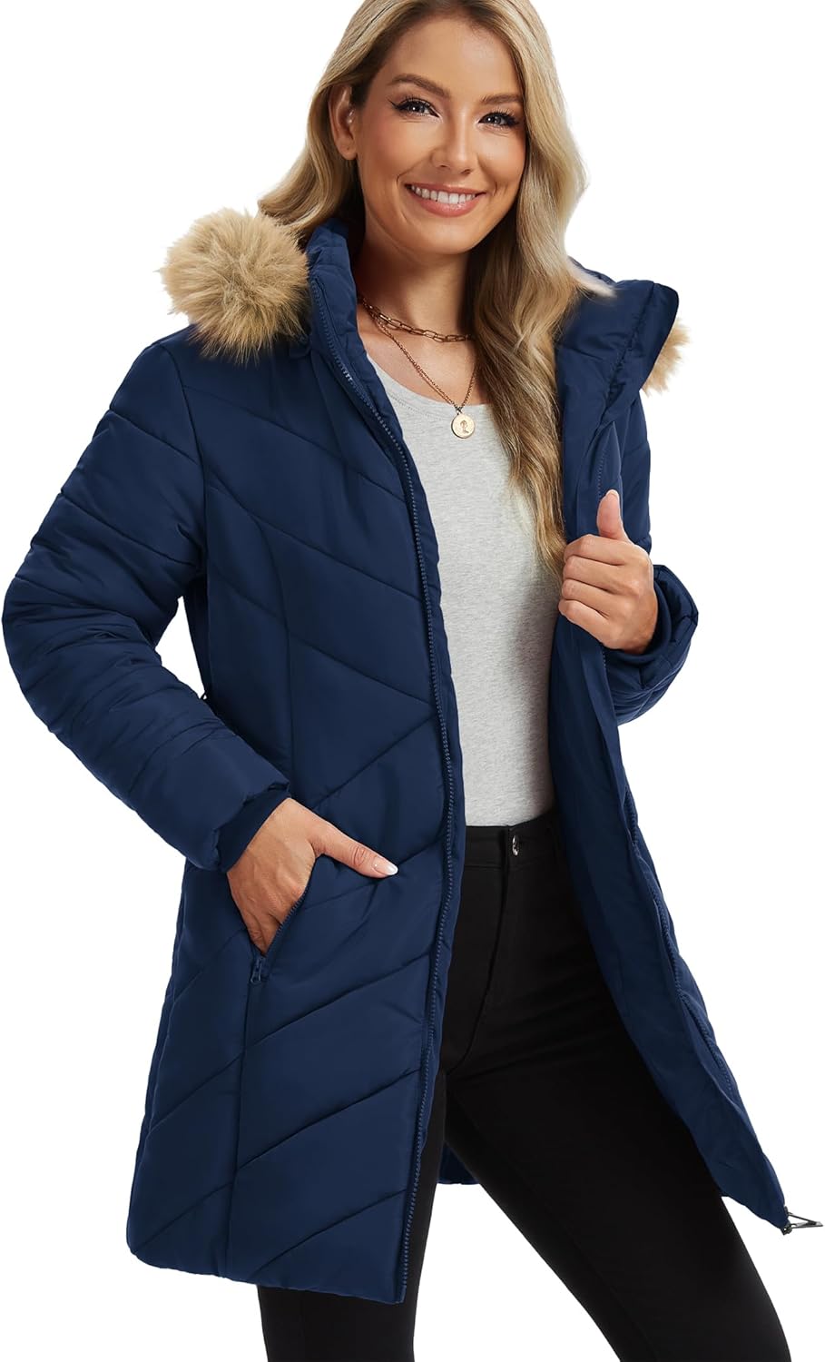 Funlingo Women's Winter Puffer Coat with Removable Hood Double Zipper Thickened Long Parka Jacket with Elastic Waistband