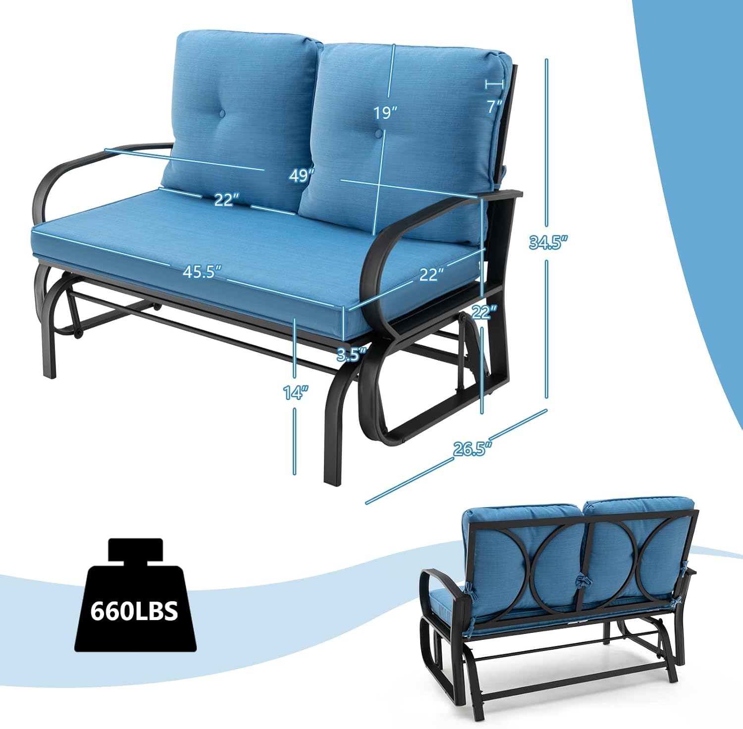 Giantex 2 Seats Glider Bench for Outside, Patio Glider Porch Loveseat w/Cushions & Powder Coated Steel Frame, Double-Seat Outdoor Glider for Patio, Garden, Backyard (Navy)