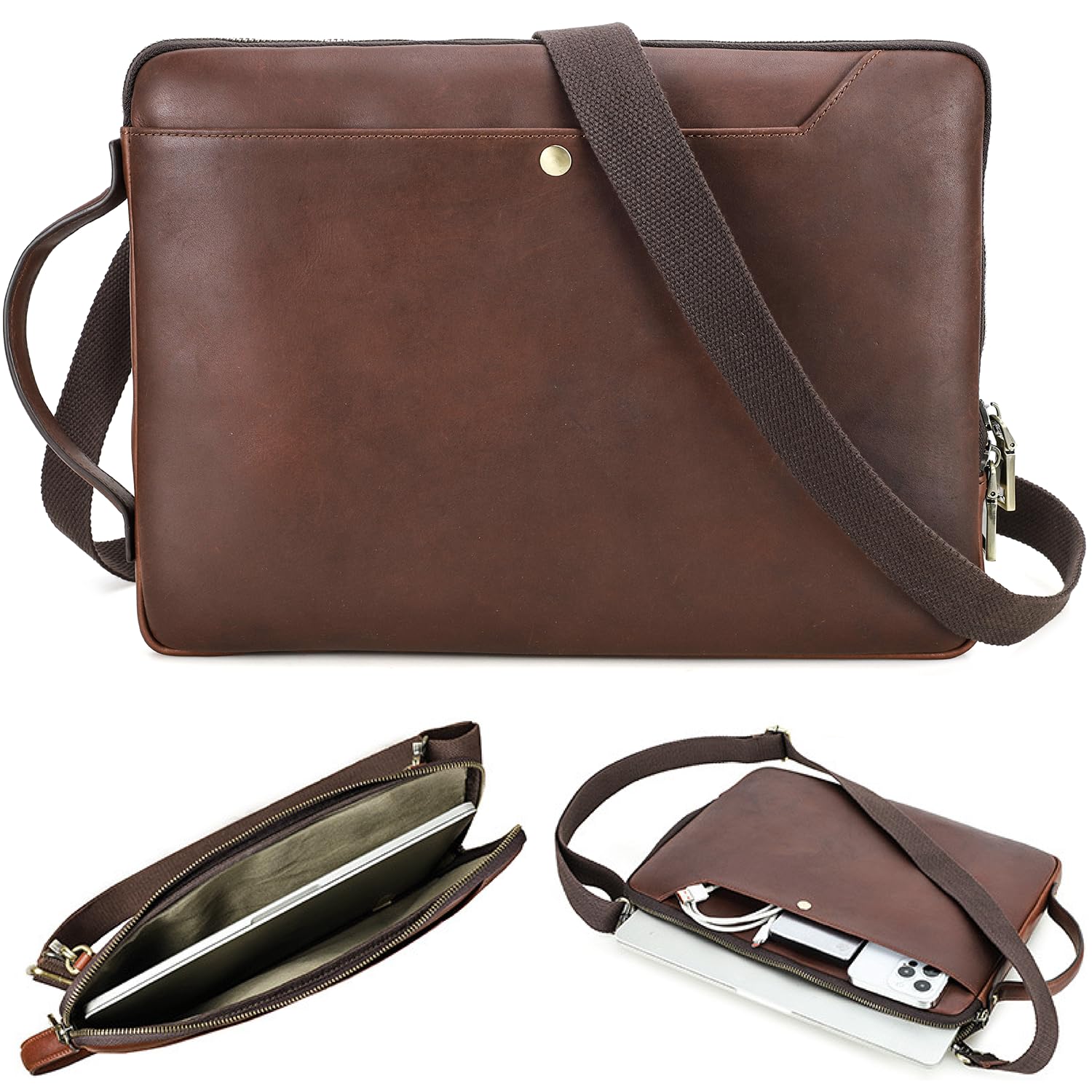 CataPurus Top Grain Leather 14.2" Slim Laptop Bag Case, Handmade, Adjustable Strap & 2 Pockets, Compatible with MacBook Pro 14 inch 2021 2022 M1 Pro/