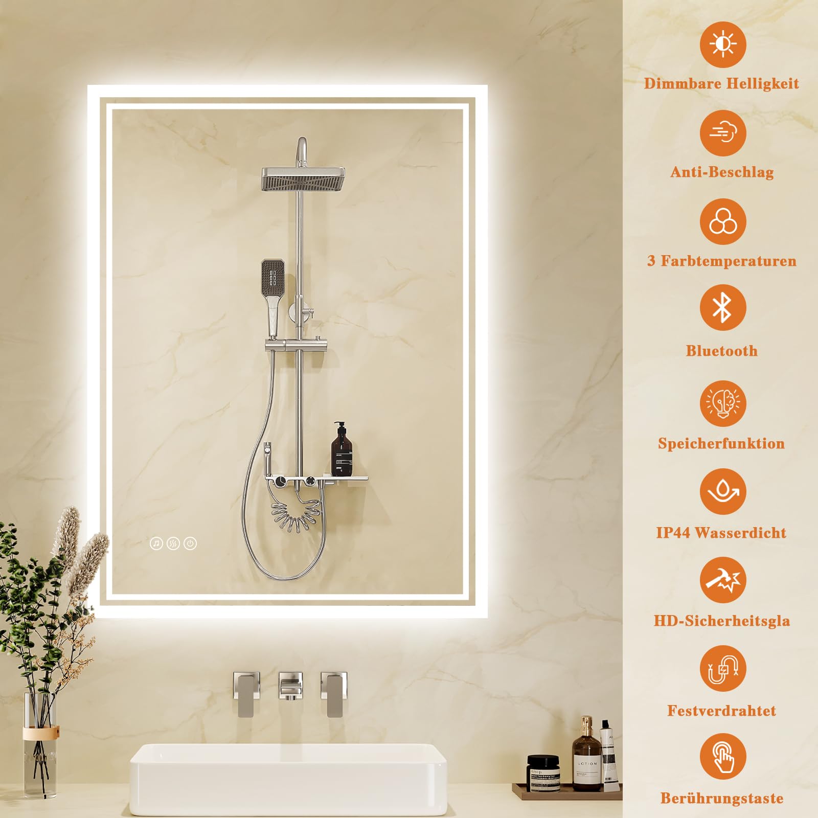Badspiegel-mit-Beleuchtung 70x100cm: LED Badezimmer-Spiegel Badezimmerspiegel mit Bluetooth, Beschlagfrei, Touch-Schalter, 3 Lichtfarben Dimmbar Spiegel Bad für Badezimmer