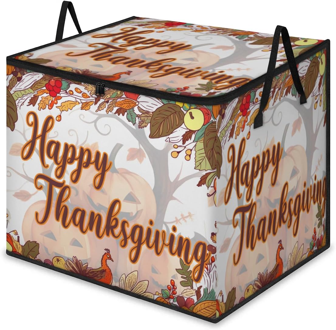 Honeybaby 214L Extra Large Comforter Storage Bag Happy Thanksgiving Pumpkins Storage Totes with Lids Waterproof Closet Organizer Folding Blanket Storage Bags for Clothes Bedding Pillows