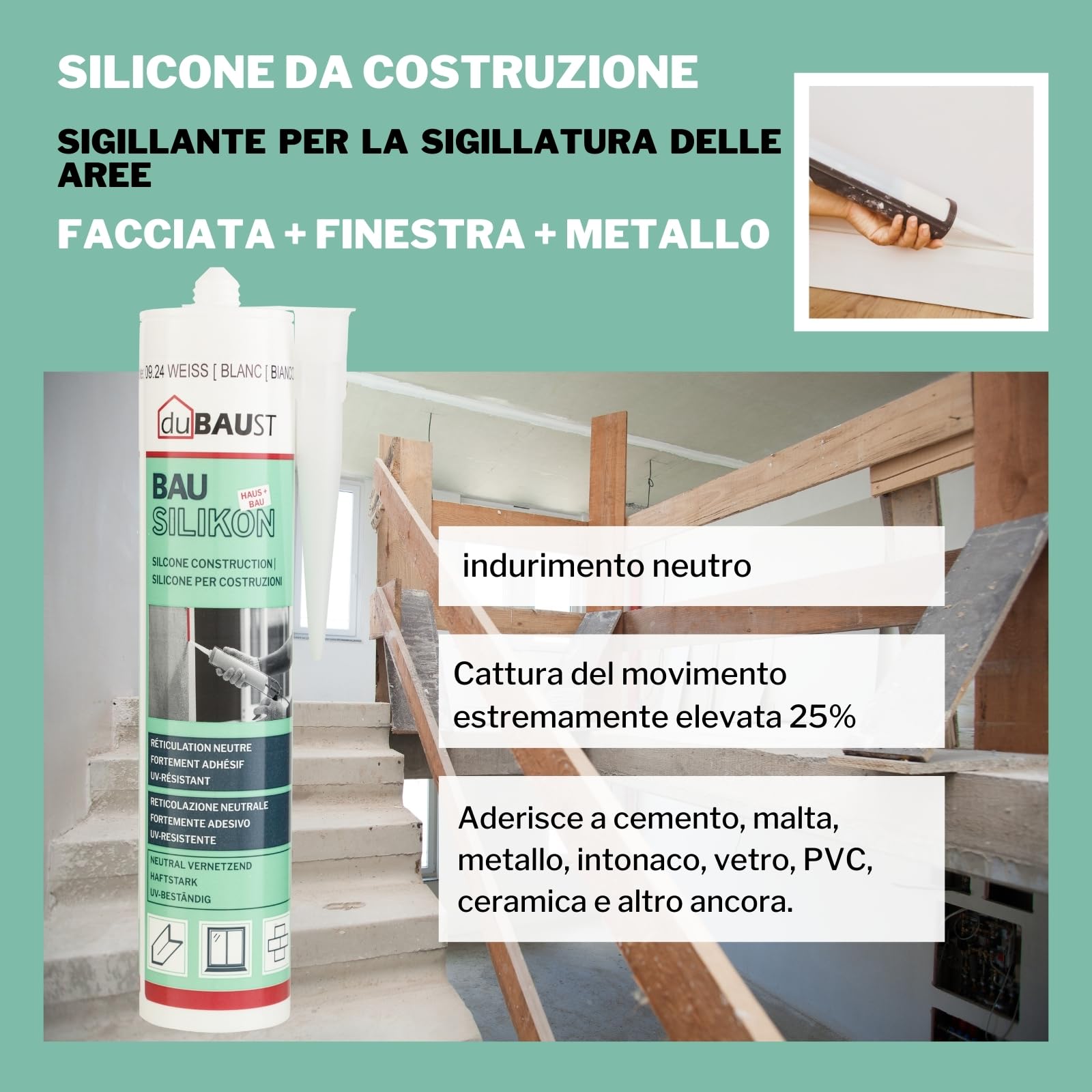 12 x dubaust BAS24 sigillante siliconico da costruzione in silicone neutro per finestre Interno/esterno resistente alle intemperie altamente elastico, cartuccia da 310 ml (trasparente)