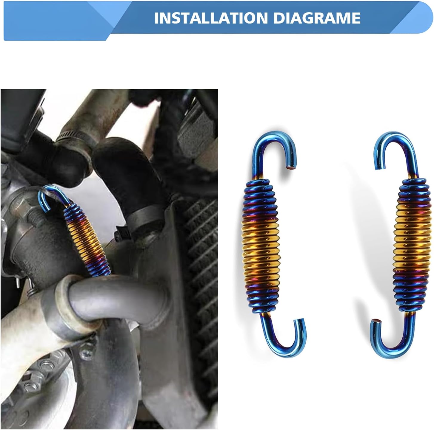 2 PCS Motorcycle Exhaust Pipe Spring, Stainless Steel Exhaust Muffler Spring Hooks, 1.57" - 2.36" Extended Range, Universal for Motorbike, Scooters, ATVs (Multicolored Blue)
