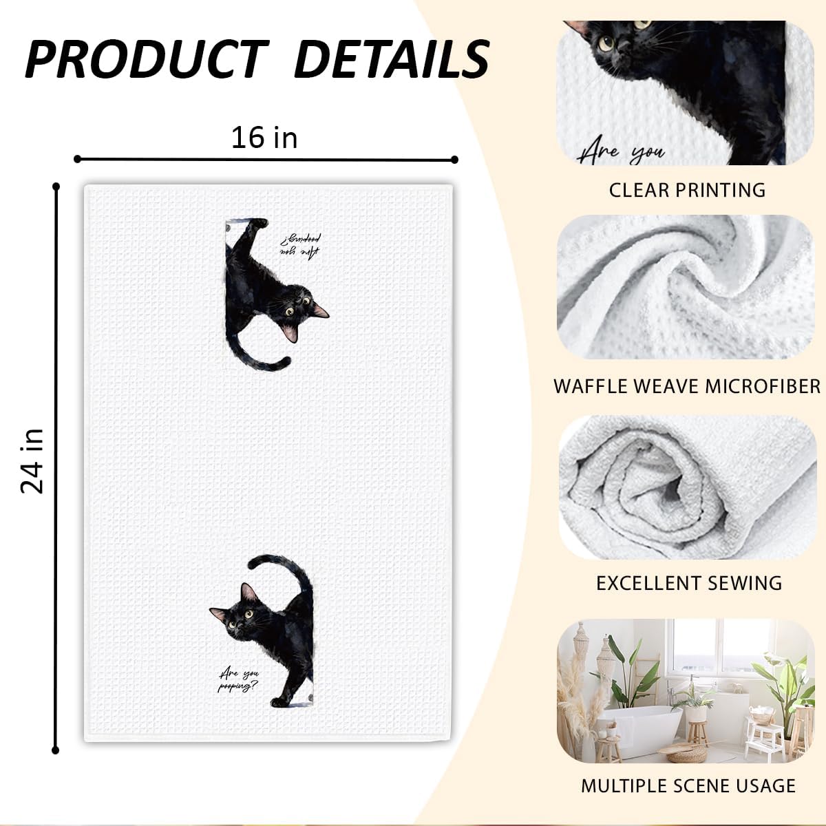 Funny Cat Hand Towels Decorative Towels for Bathroom Kitchen, are You Pooping Bathroom Decor Cute Kitchen Towel Funny Cat Lover Gifts for Women, Black Cats Accessories, 16x24 Inch-P03 - Image 2