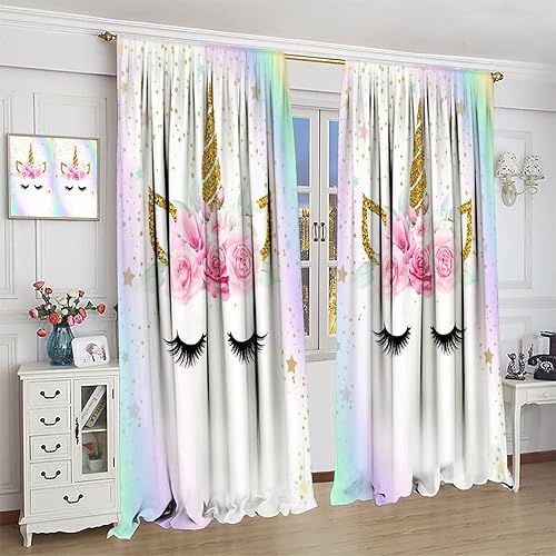 Miniatura 4 de Cortinas de unicornio para niños, cortina de ventana con aislamiento térmico para habitación de niña, decoración de 42 x 45 pulgadas