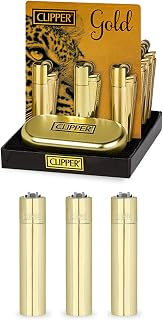 Clipper Classic Reusable Lighters - Premium Quality Refillable Butane Lighter Set - Ideal for Camping, Travel, and Everyday Use - Elegant Gold Collection - Display of 12 Units with Gift Box Included