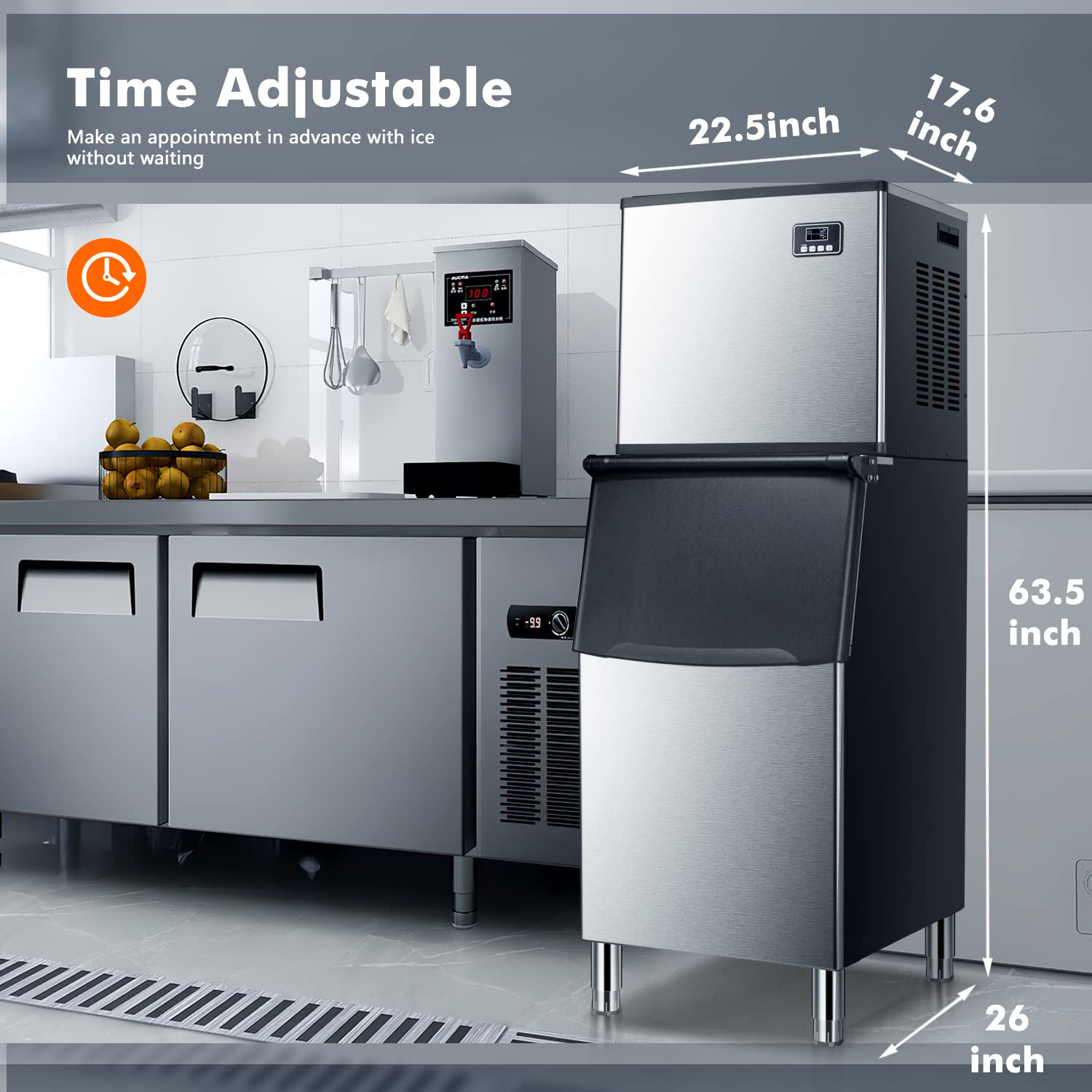 Dimensions of the ZAFRO Commercial Ice Maker: 22.5 inches width, 17.6 inches depth (top), 63.5 inches height, 26 inches depth (base)