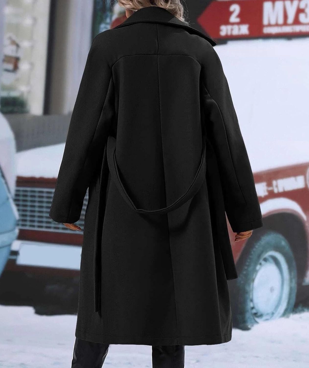 Sexyshine Women's Winter Double Breasted Trench Coat Notch Lapel Long Wool Pea Coat A Line Warm Overcoat with Belt