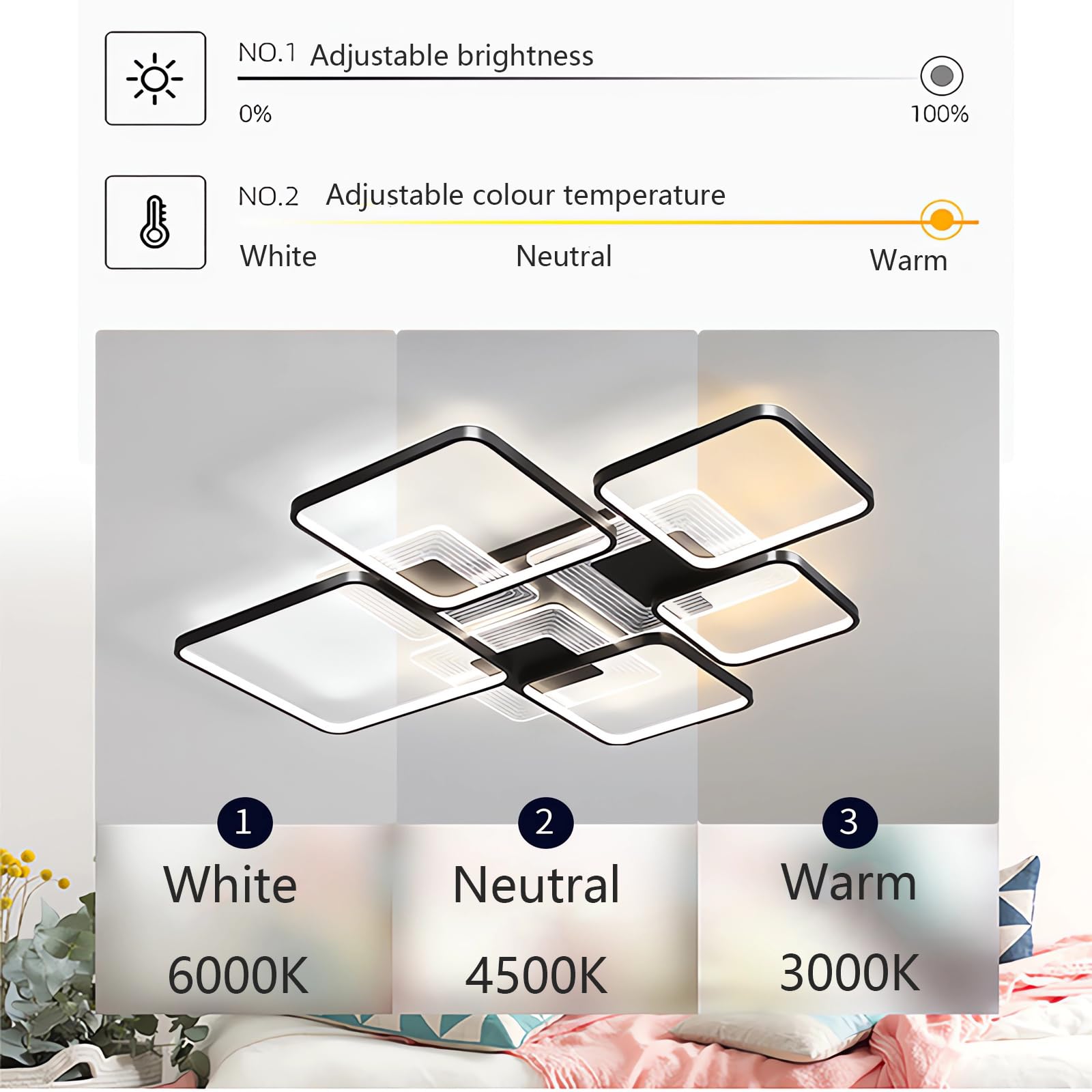 Nowoczesna lampa sufitowa LED Ściemnialna lampa sufitowa do jadalni Lampa do salonu z pilotem Podtynkowe oświetlenie sufitowe do salonu Sypialnia Kuchnia Biuro Przedpokój (Czarny, 91CM)