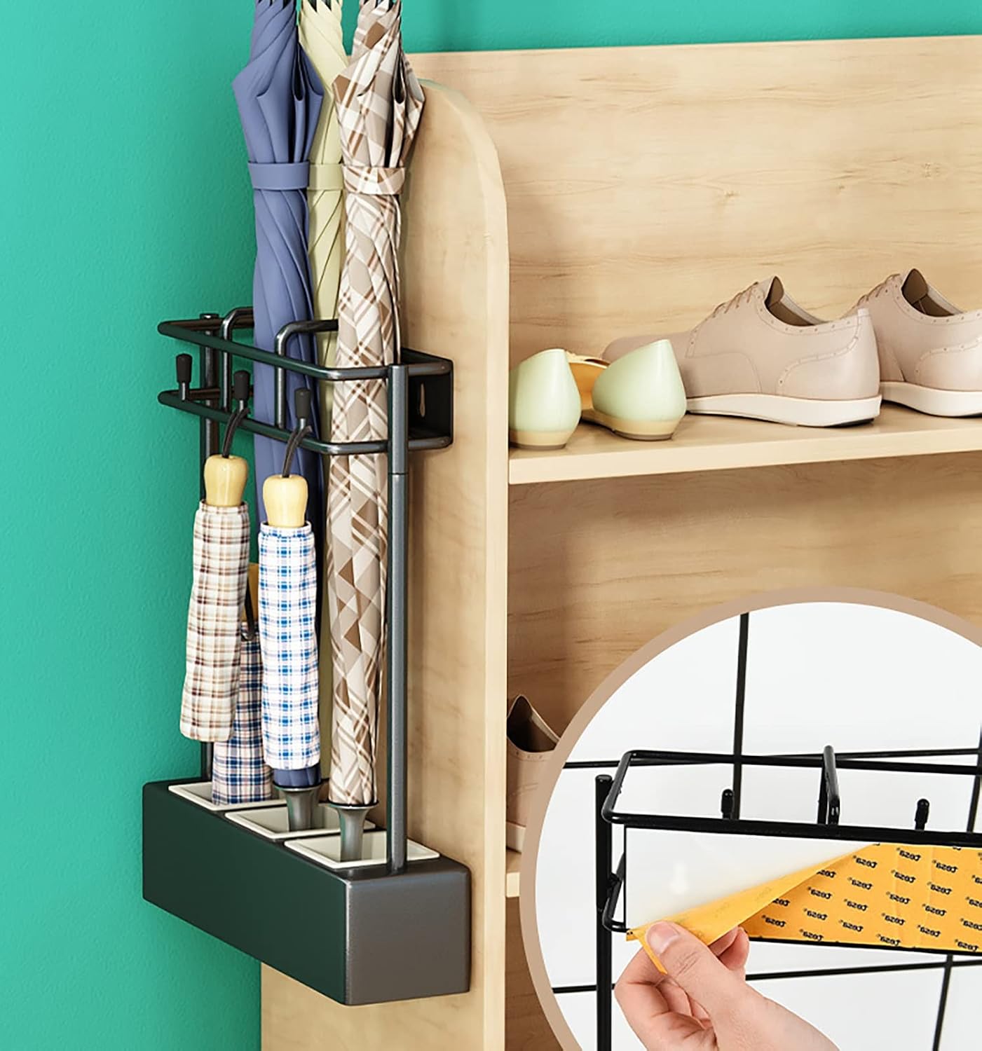 European Style Umbrella Holder with Hooks, Durable Iron Umbrella Rack for Long/Short Umbrellas, Umbrella Stand with Removable Drip Tray