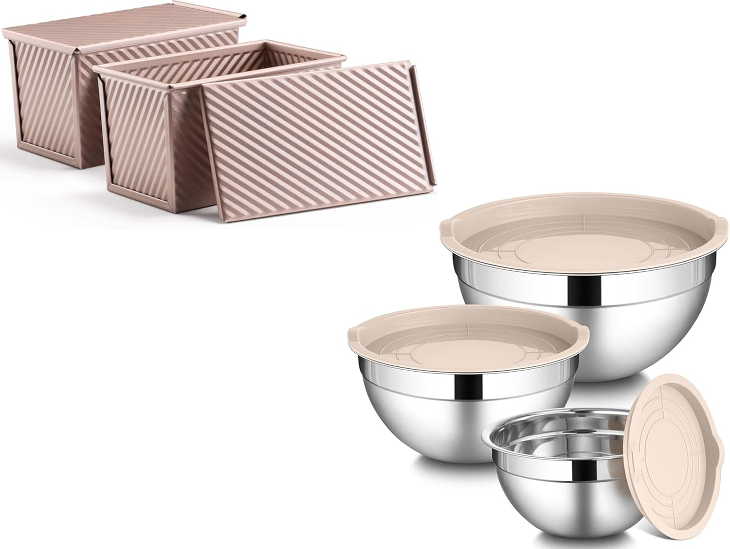 LIANYU Mixing Bowls with Airthight Lids Set, 3 Packs Stainless Steel Metal Mixing Bowls, Pullman Loaf Pan with Lid, 2 Pack 1 Pound Bread Loaf Baking Pan
