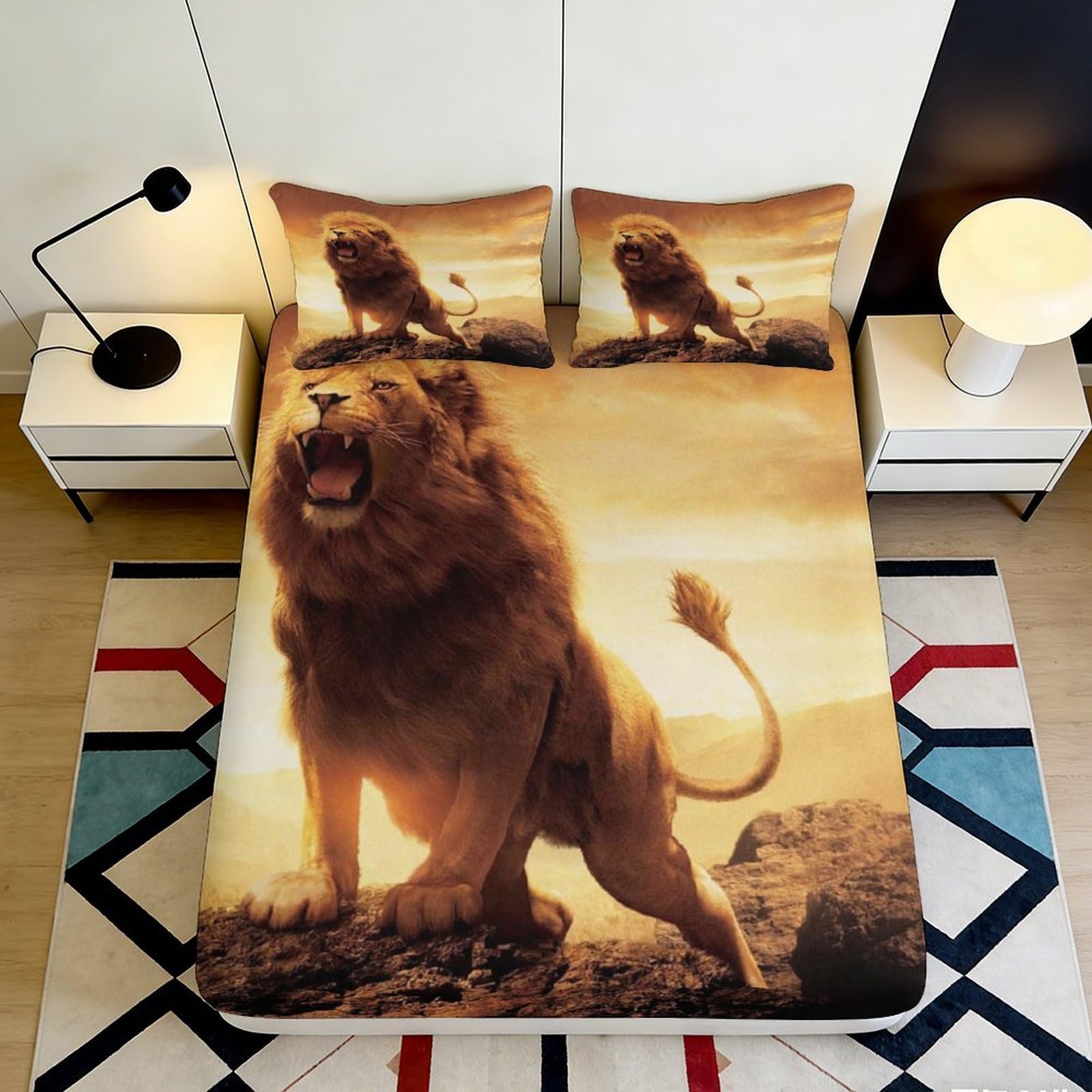 3D Printed Majestic Lion Fitted Sheet Microfiber Soft Anti-Slip Safari Sunset Bed Cover for Bedroom Guest Room Decor 90x200x25cm
