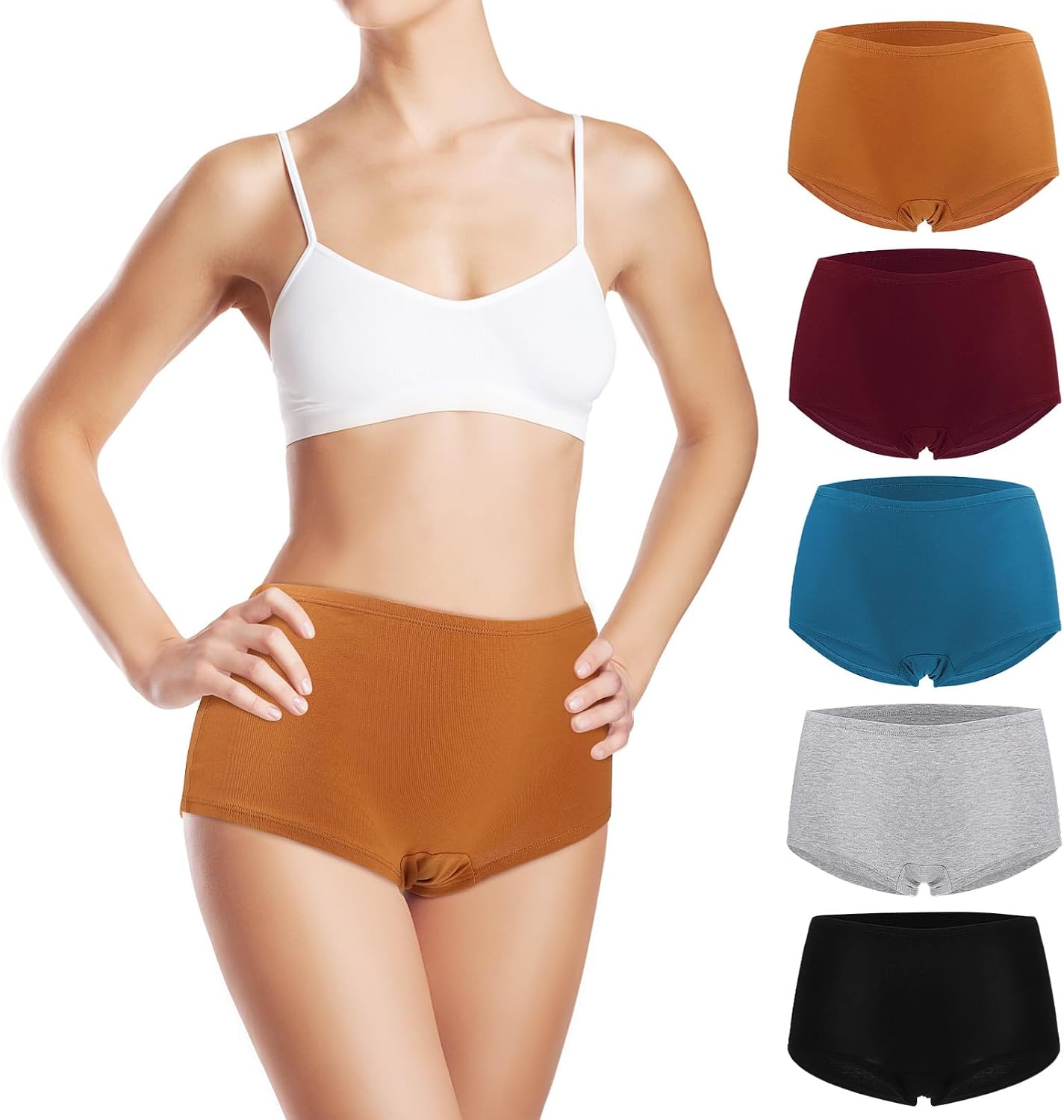 5pcs Full Coverage Cotton Underwear for Women Xxl Boyshorts Briefs Breathable Soft Comfortable Everyday Panties Floral Camel Oil