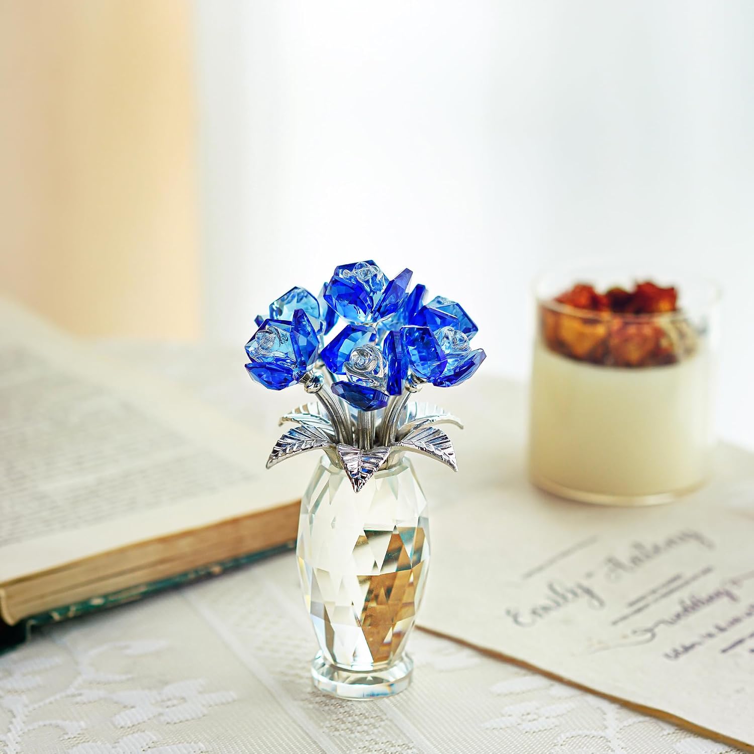 Crystal Blue Roses Bouquet Figurine Handcrafted Glass Flowers in Vase Birthday Party Wedding Table Centerpieces Decor Gifts for Women