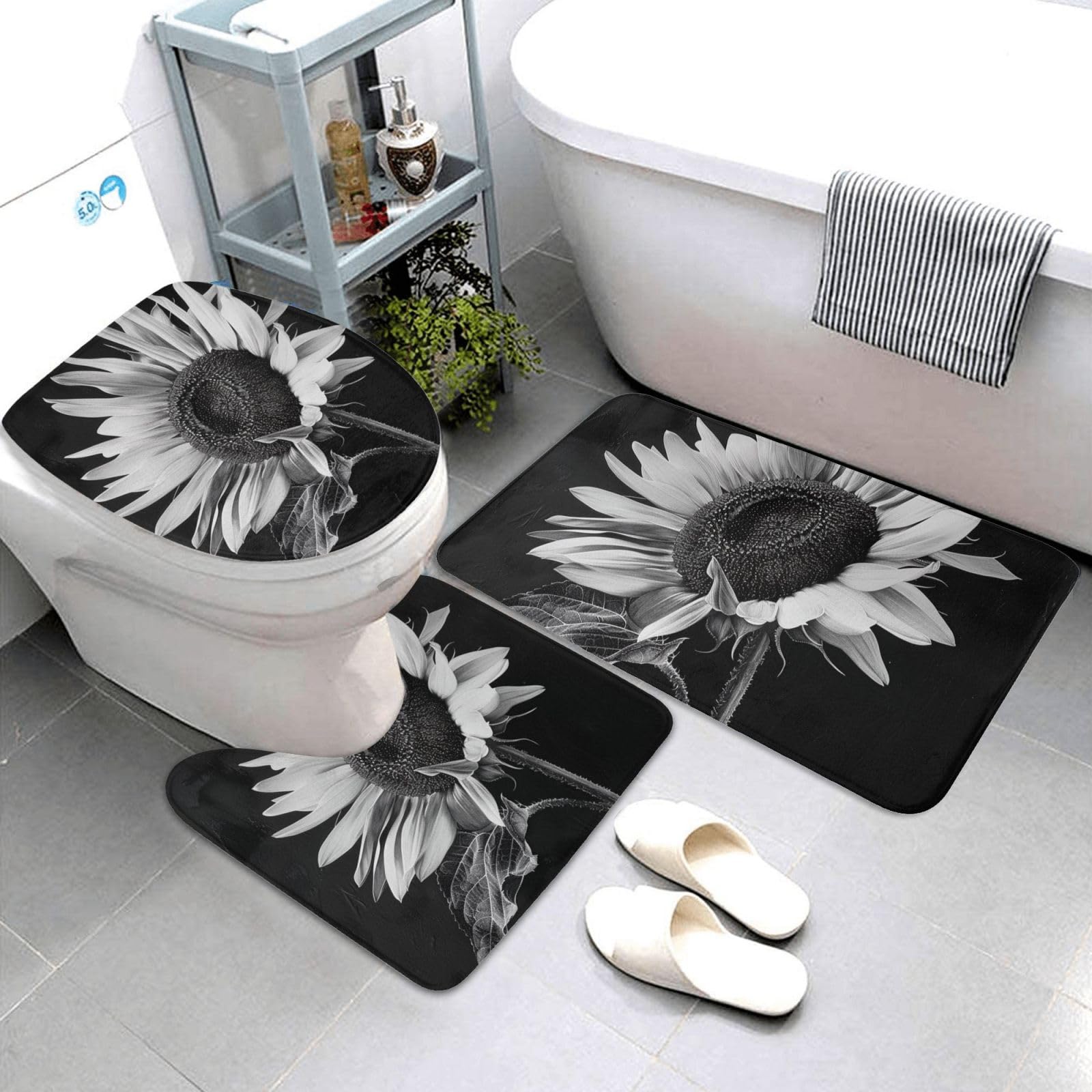 Lot de 3 tapis de bain antidérapants et absorbants en flanelle à imprimé tournesol noir et gris