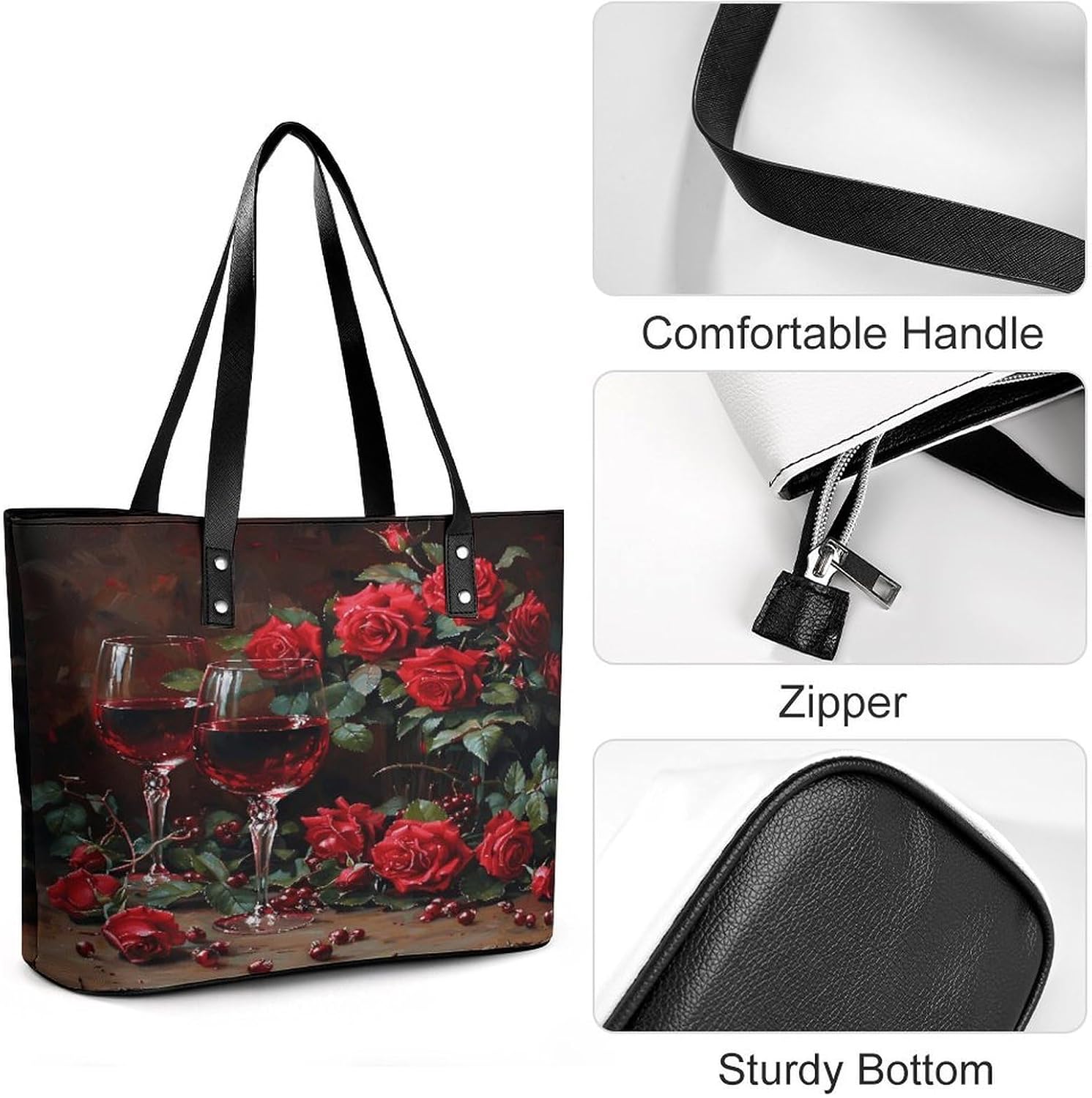 Roses And Glasses of Red Wine Tote Bag with Reinforced Bottom & Handles,Gym Bag Durable And Tip-proof,Weekender Bag to Top Zipper Closure,Daily Essentials