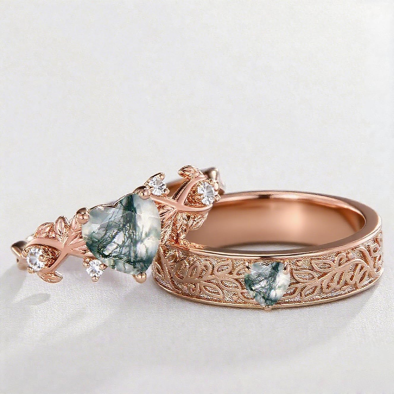 Natural Heart/Oval/Hexagon Moss Agate Couple Black Engagement Rings Set for Men and Women Matching Rings for Couples S925 Silver/10K/14K/18K Real Gold Vintage Vine Wedding Jewelry for His and Her(size 4-16) - Image 9