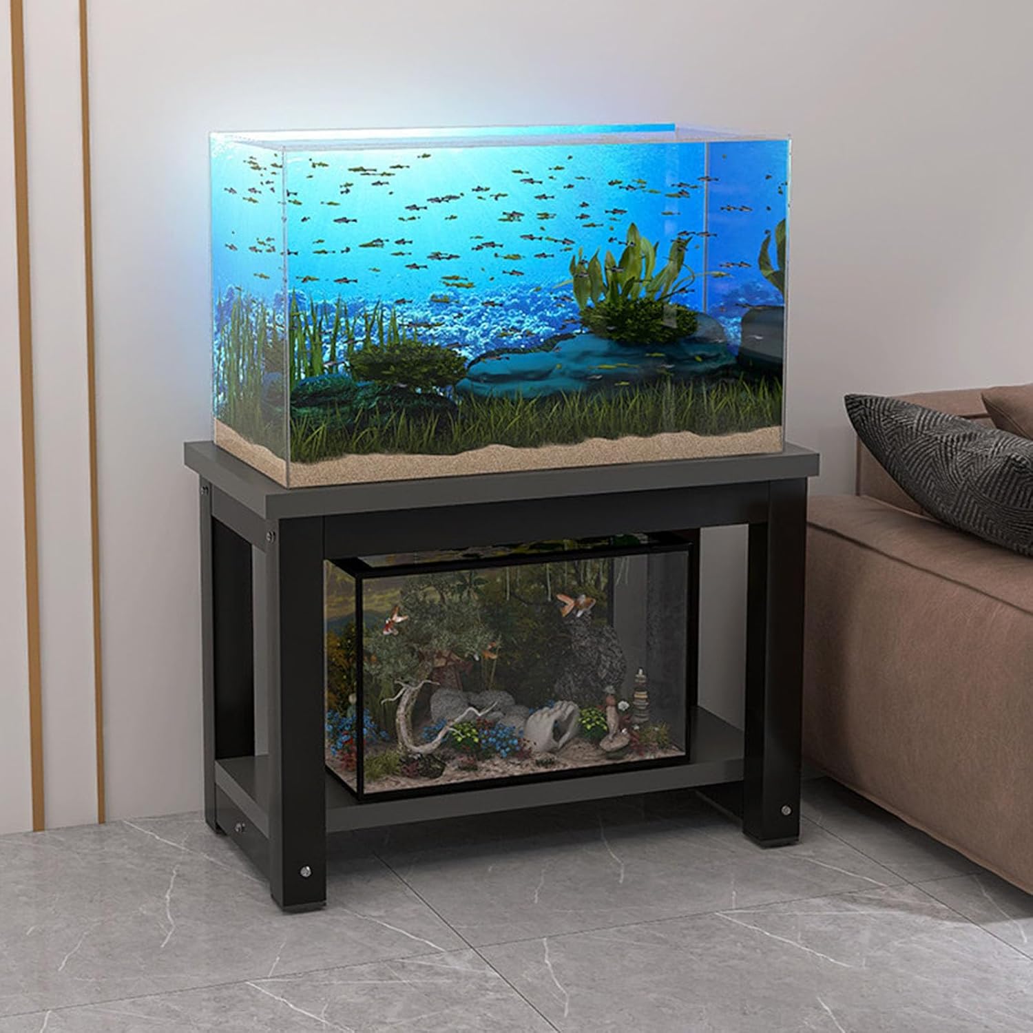 Floor-Standing Fish Tank Stand 2 Layers Aquarium Stand Aquarium Table Easy To Assemble Thickened 5x5cm Steel Strong Load-Bearing Capacity Suitable for Home Or Office Black + Grey 50x30cm/19.7x11.8in