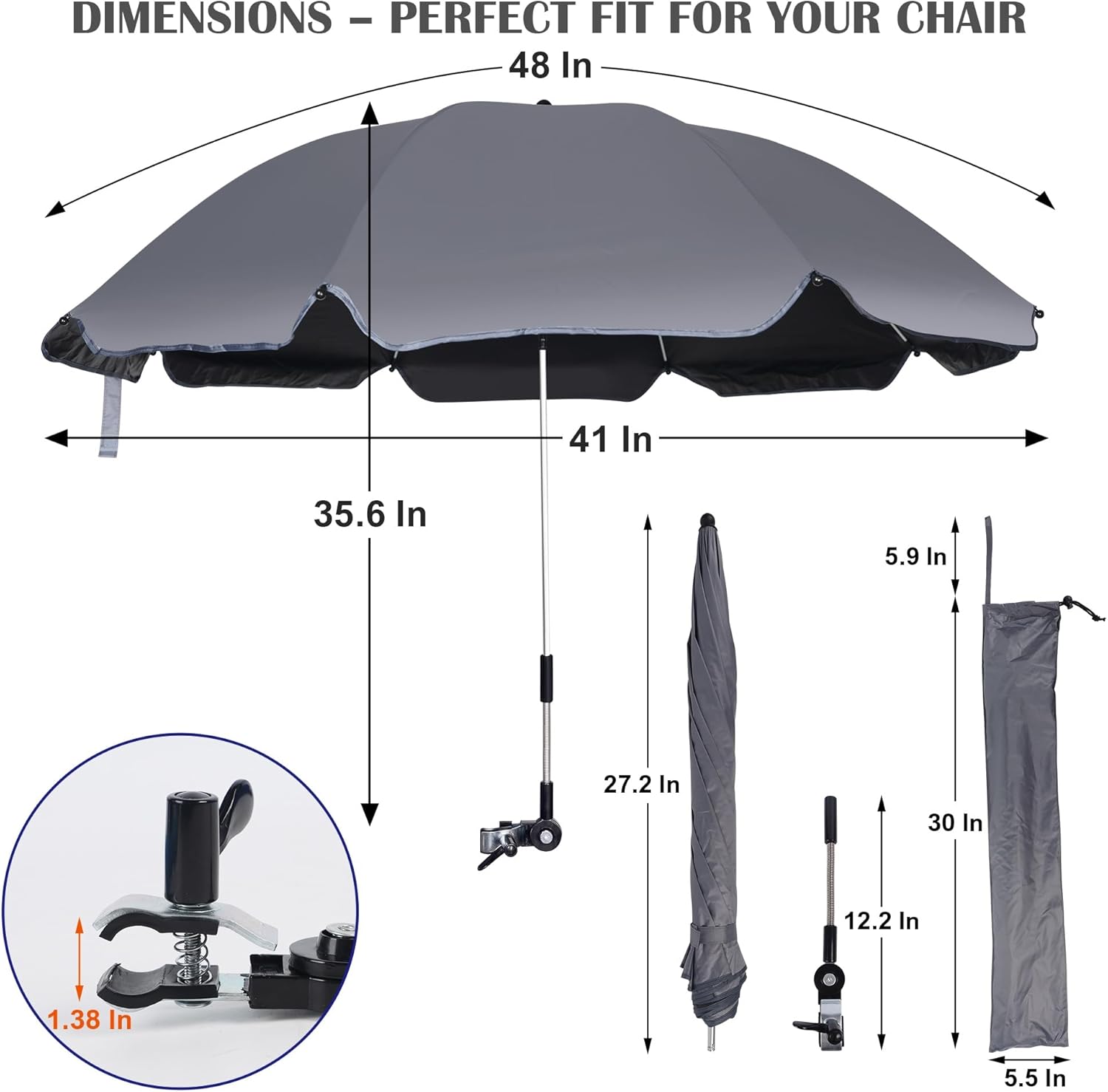 blissun 2 pack chair umbrella with clamp, adjustable umbrellas for chair, upf50+ sun shade umbrella for beach chair, wheelchair, camping chair, patio chair, golf carts, dark grey dark grey-2 pack