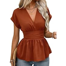 Astylish Womens Elegant Wrap V Neck Peplum Tops Cap Sleeve Stretchy Ruched Ruffle Dressy Blouses Shirts