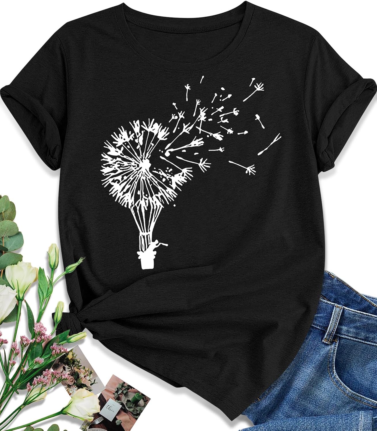EUOW Dandelion Graphic Floral T-Shirt for Women Casual Summer Boho Tops Holiday Wildflowers Tee Shirts