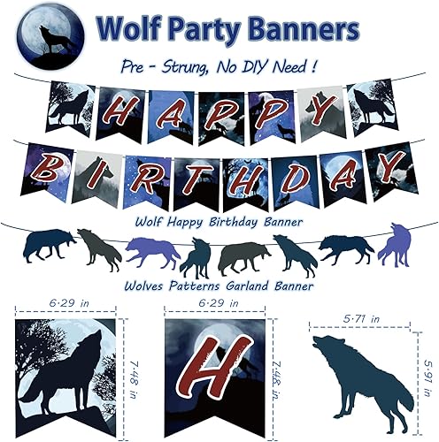 Miniatura 4 de Decoraciones de fiesta de cumpleaños de lobo, suministros de fiesta de lobo con pancarta de feliz cumpleaños, letrero de guirnalda de lobos,