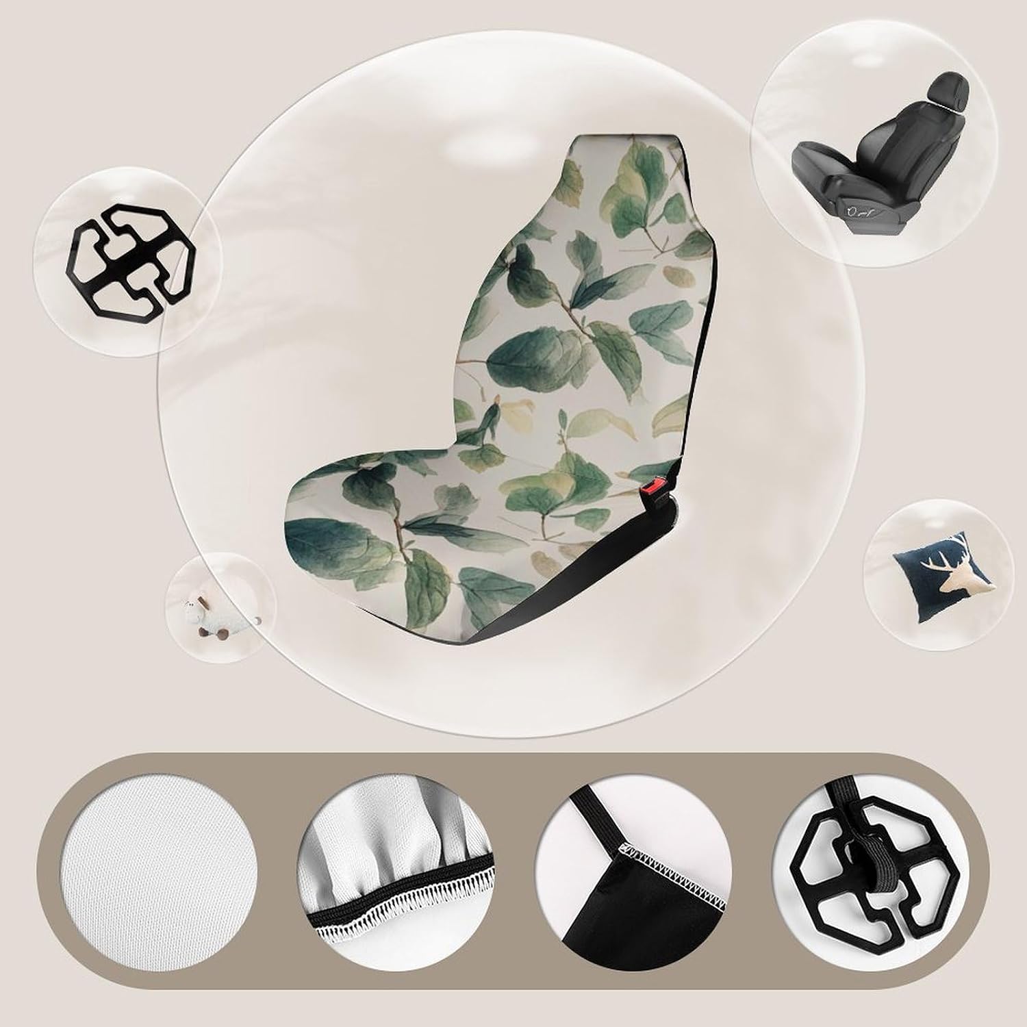 Breathable Car Seat Cover Sage Green Eucalyptus Leaves Car Front Seat Protector with Elastic Band Edge Auto Seats Cushions Cars Interior Accessories Fit SUV Sedan Van Truck 2PCS
