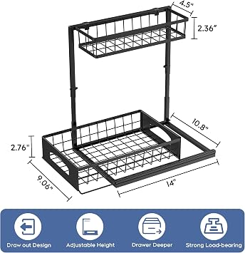 Under Sink Organizer, Height adjustable Under Sink Storage, Pull Out Cabinet Storage Shelves, Slide Out Drawer for Kitchen Bathroom Pantry USO002