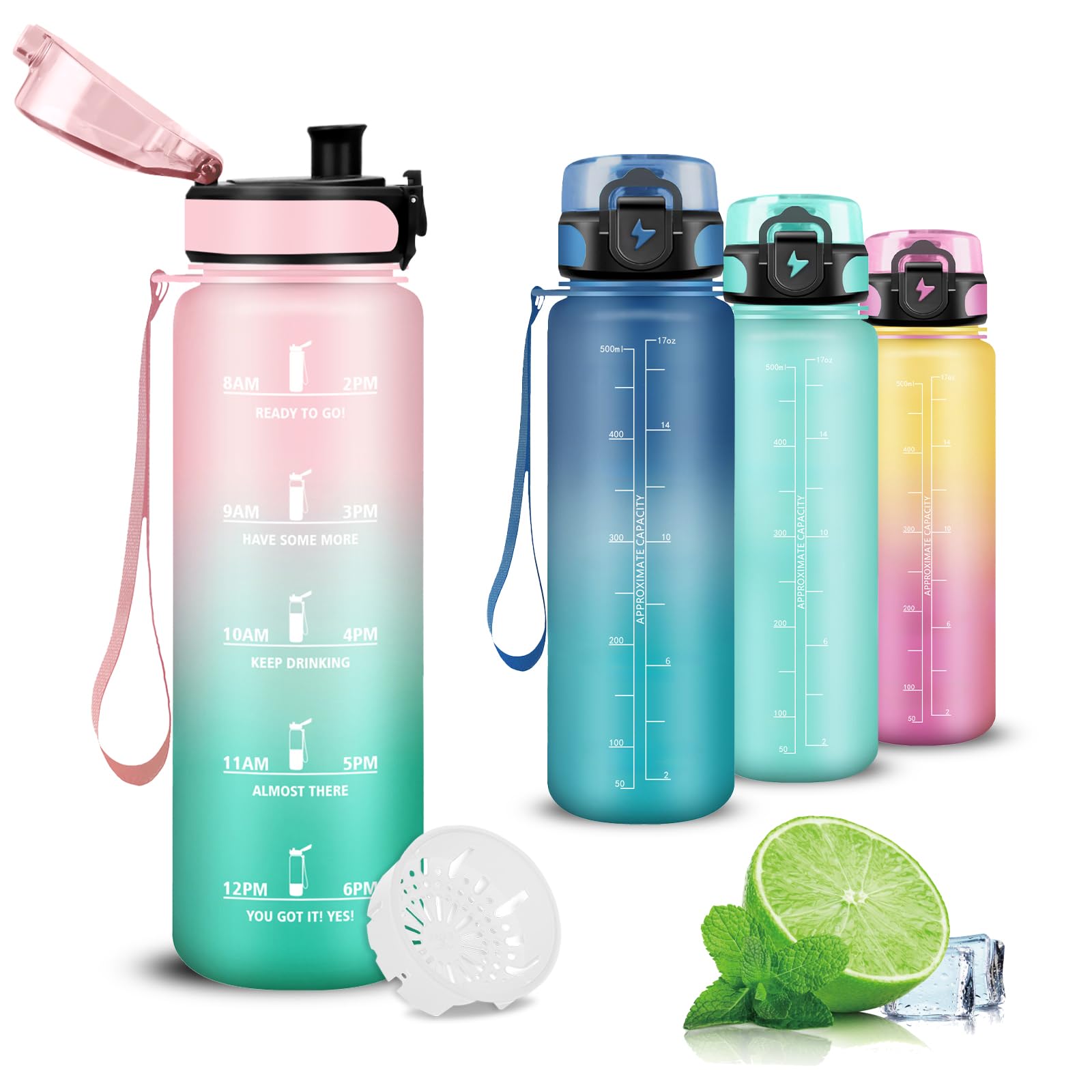 Mujigaga Borraccia, 500ml Borraccia Bambini, Senza Perdite, Borraccie Motivazionale, con Filtro, Borraccie con Orari per Bere, Facile da Trasportare, Borracce per Scuole, Nuoto, Viaggio