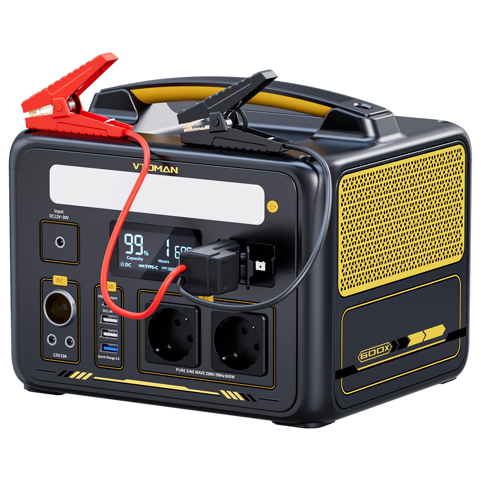VTOMAN Jump 600X Portable Power Station with Jumper Cables - 299Wh LiFePO4 Battery with 600W(Peak 1200W) AC/60W USB-C Output, Car Jump Starter for Roadside,Camping