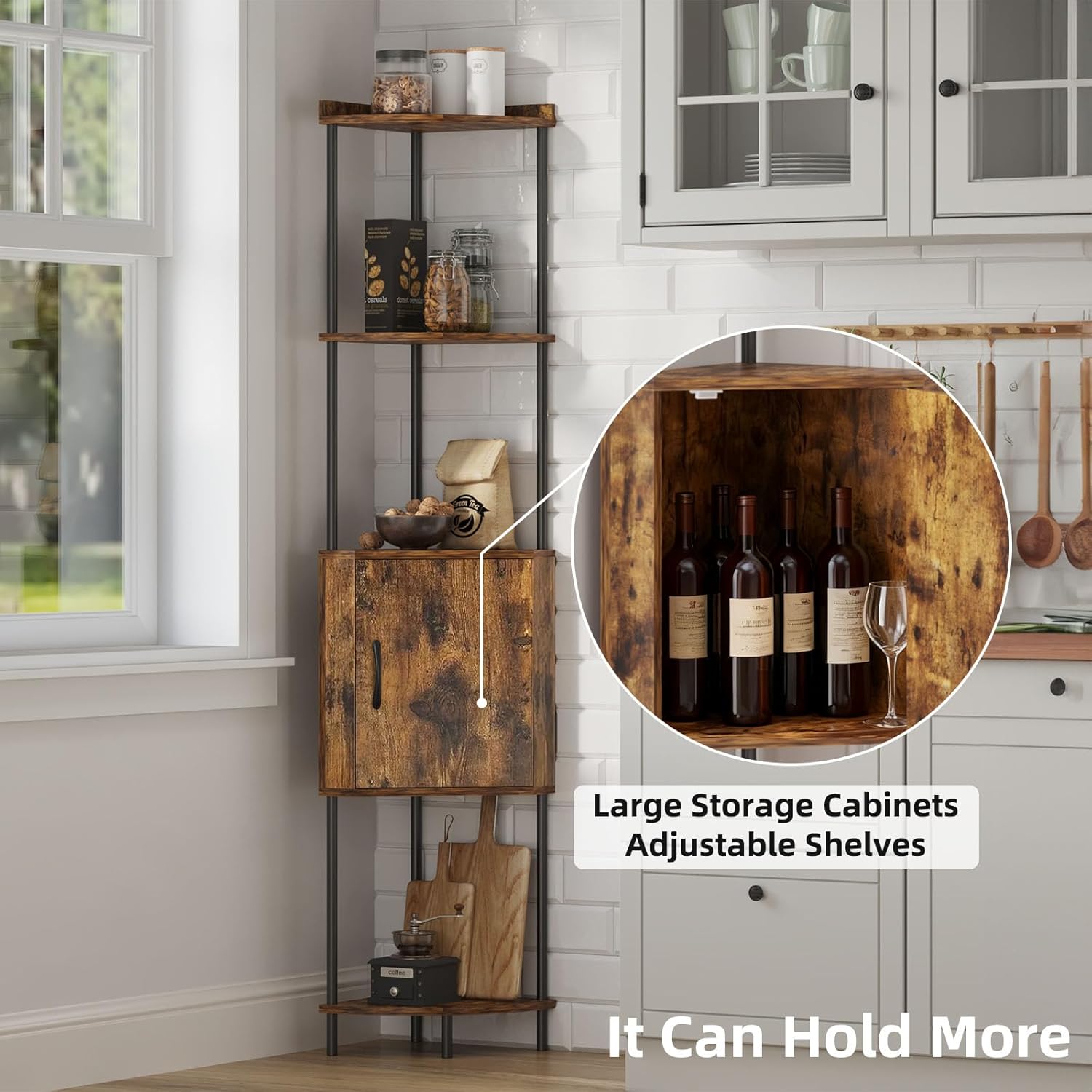 65.7" Rustic Brown Corner Bookshelf with Doors, 5 Tier Tall Corner Cabinet with Storage, Metal & Wood Corner Shelf Unit for Living Room, Bedroom, Kitchen, Bathroom