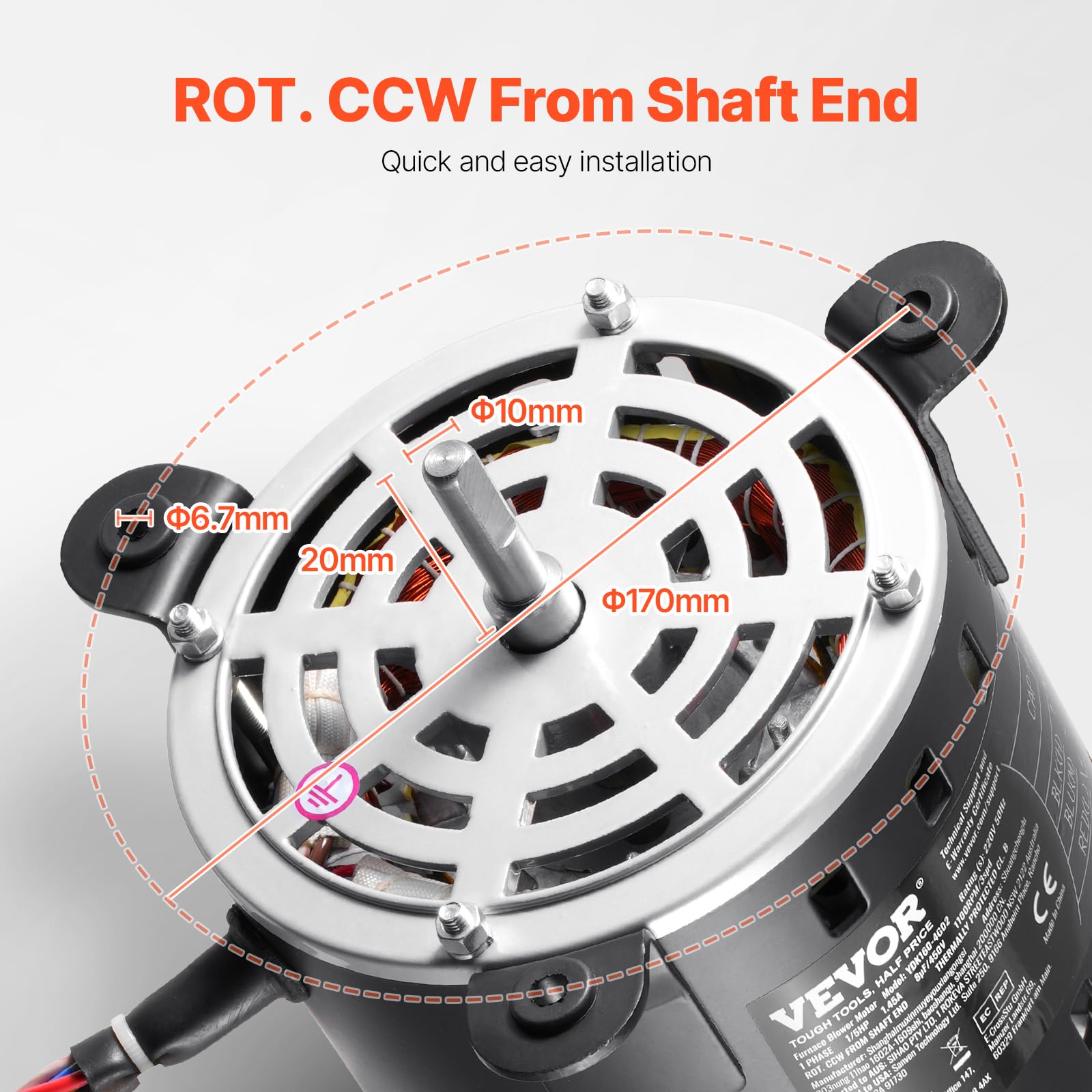 VEVOR Moteur Ventilateur Four, 1/5 CV, 1,45 A, 3 Vitesses 1100/900/700 tr/min, Diamètre d'Arbre 10 mm, Longueur d'Arbre 20 mm, ROT CCW à Partir de l'Extrémité de l'Arbre, Condensateur CBB60 8 μF/450 V