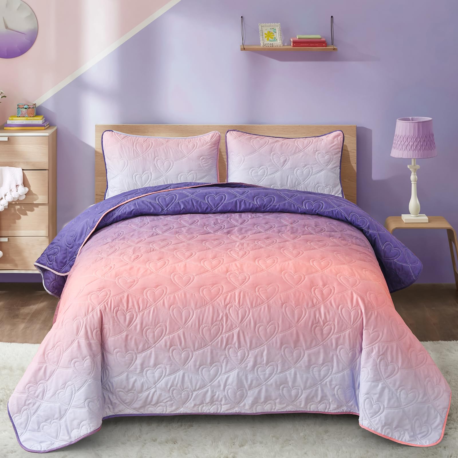 Xruibed Rainbow Quilt Set Queen Ombre Quilt Sets Kids Girls Bedding Set 3PCs Summer Reversible Lightweight Microfiber Bedspread Coverlet Sets for All