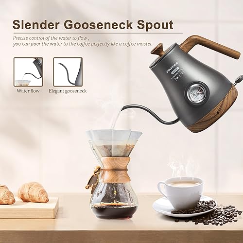 Miniatura 2 de Fooikos Hervidor eléctrico de cuello de cisne con termómetro, hervidor de agua de acero inoxidable 304 de 1.0 L para café y té, calentamiento rápido