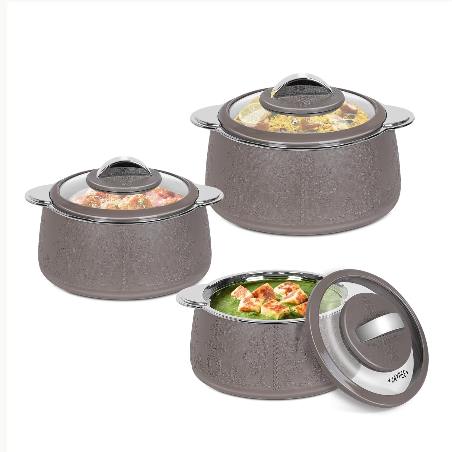 Jaypee Fabrene Serving Set Casserole Set of 3 PUF Insulated |Inner Stainless Steel |Anti Lock Lid Toughened Glass | Hot Box for Serve Chapatti, Dishes, 1000+1500+2000 ml, Beige